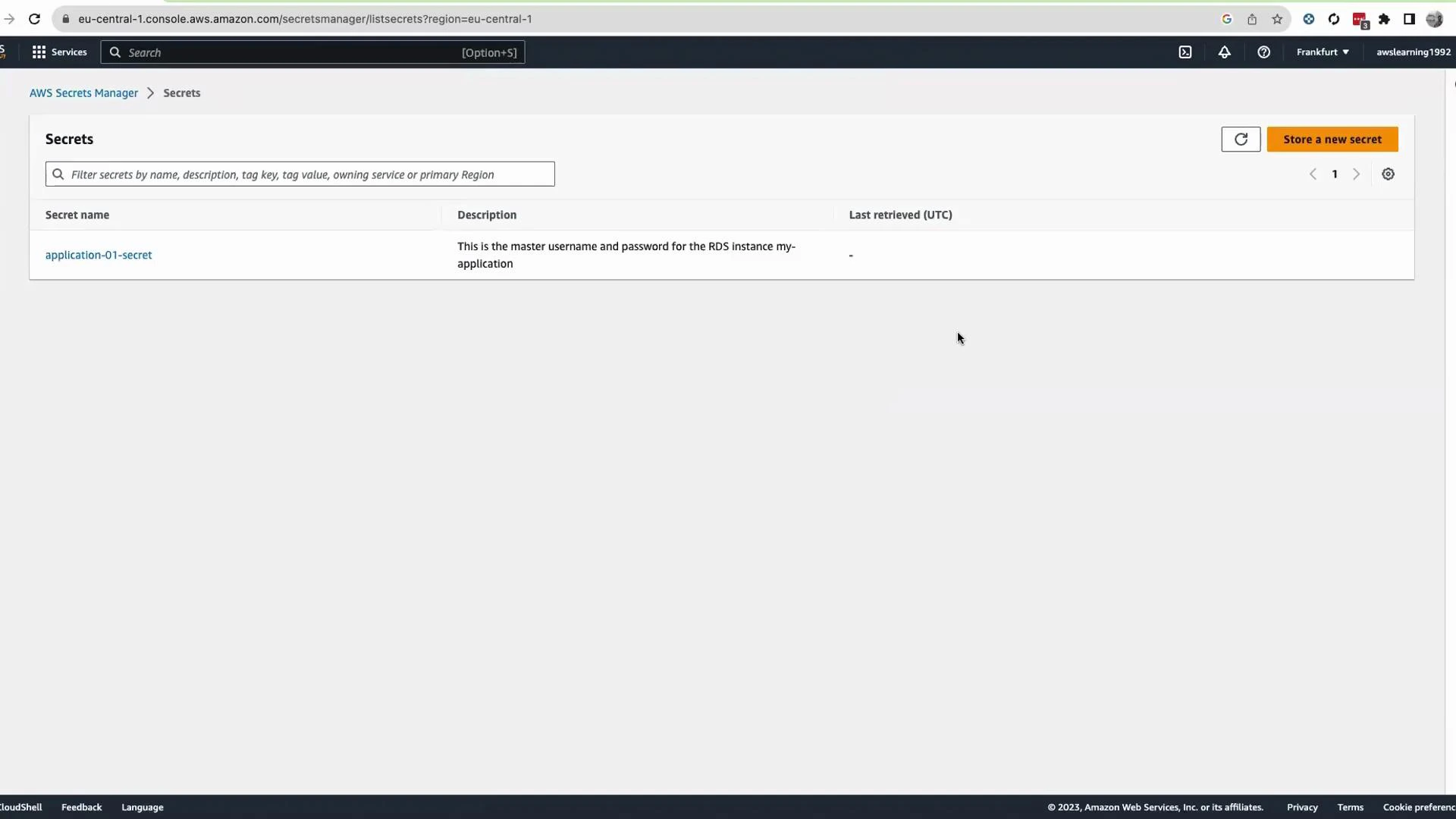 A screenshot of the AWS Secrets Manager console showing a single secret named "application-01-secret." The secret's description says it contains the master username and password for the RDS instance "my-application."