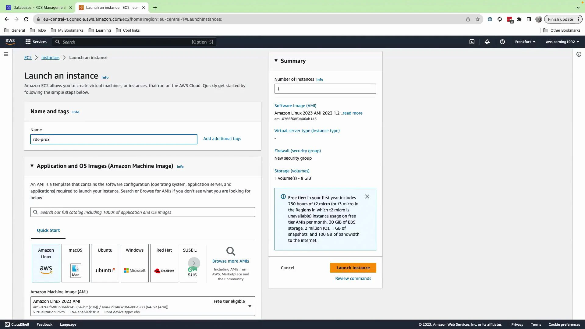 A browser screenshot of the AWS Management Console showing the EC2 "Launch an instance" page. The Name field is filled ("rds-prox"), AMI and OS image options are visible on the left, and a Summary panel on the right shows the selected Amazon Linux 2023 AMI with a "Launch instance" button.