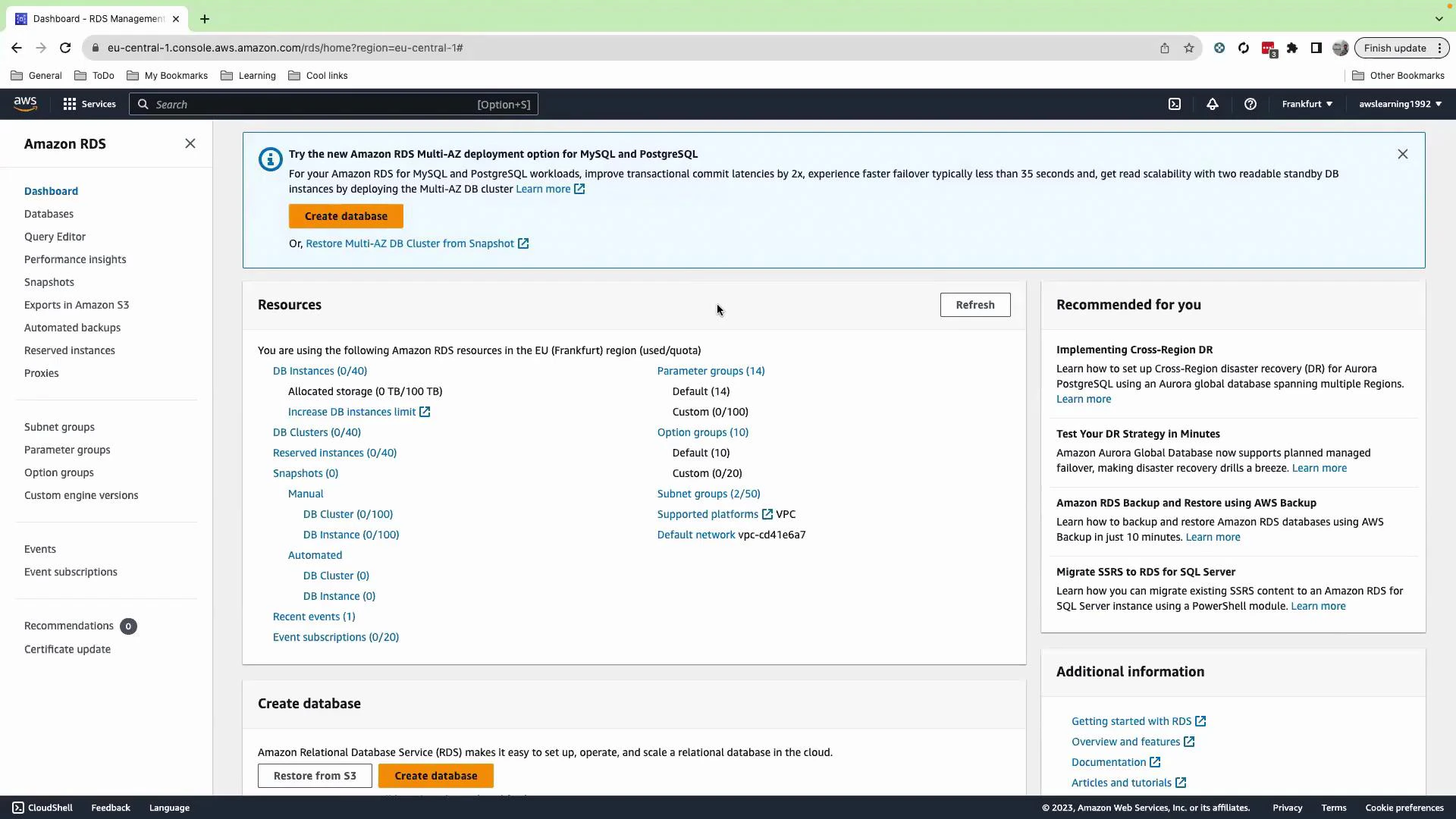 A screenshot of the Amazon RDS dashboard in the AWS Management Console (eu-central-1/Frankfurt), showing a prominent "Create database" button, resources/quotas list, and a "Recommended for you" panel. The left sidebar displays RDS navigation items like Databases, Snapshots, and Parameter groups.