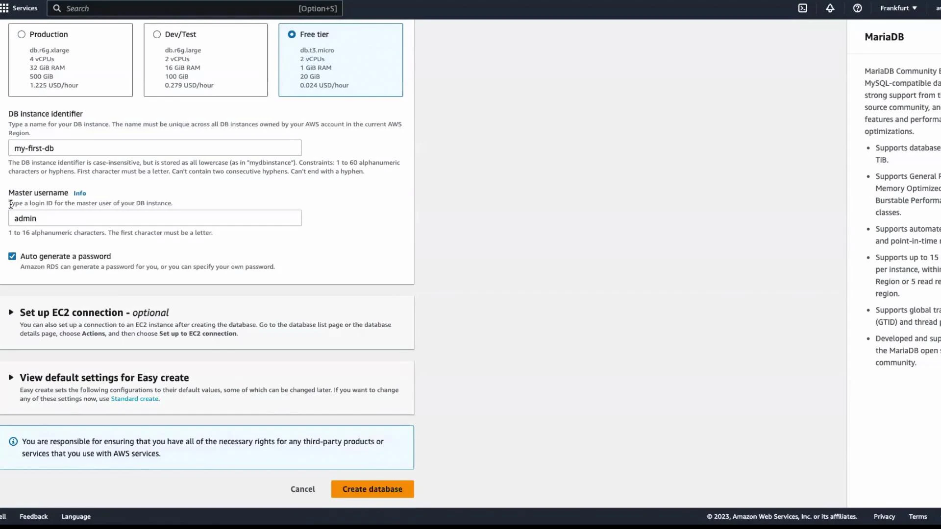 A screenshot of the AWS RDS "Create database" setup page for MariaDB. It shows the Free tier instance selected (db.t3.micro), DB instance identifier set to "my-first-db", master username "admin", and the "Create database" button.