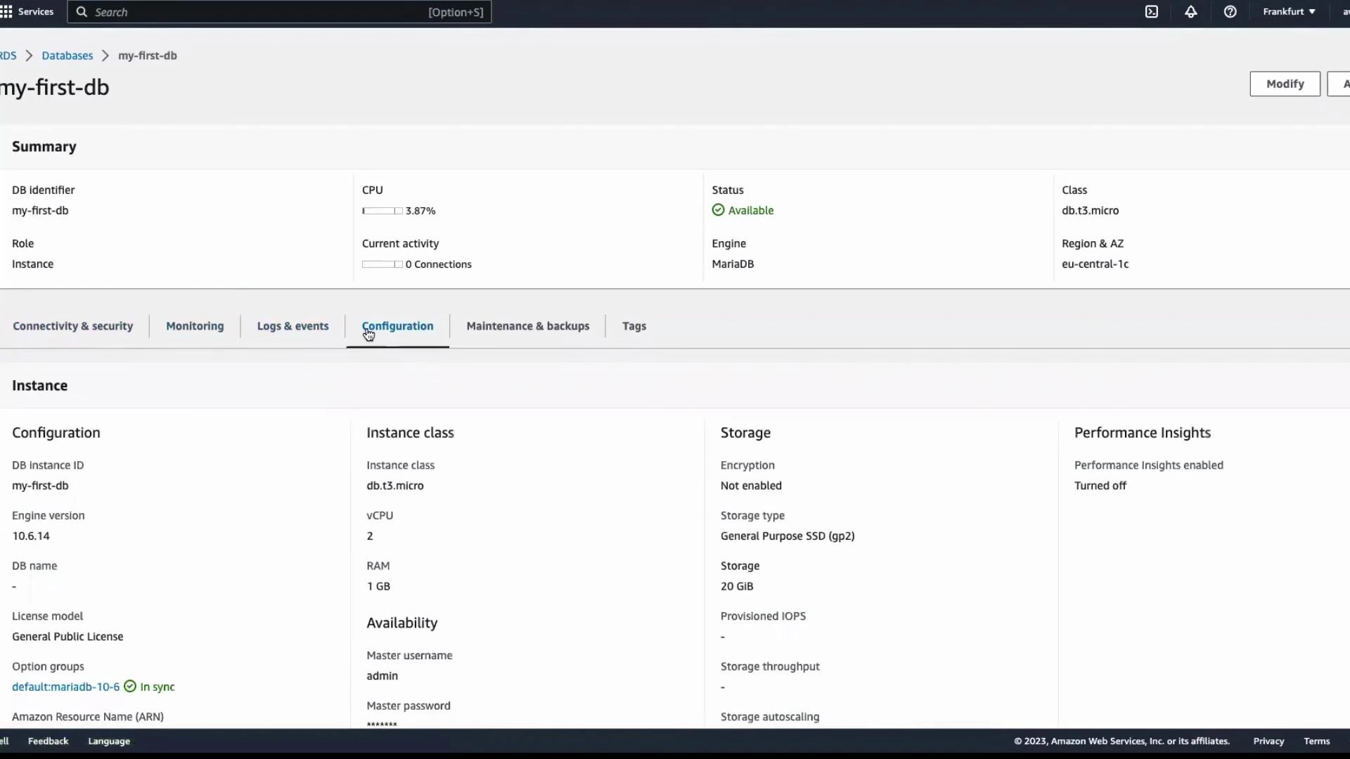 A screenshot of the AWS RDS console showing a database instance called "my-first-db" with status "Available" (Engine: MariaDB) and CPU activity displayed. The Configuration tab lists instance class db.t3.micro, 2 vCPU/1 GB RAM, and 20 GiB General Purpose SSD storage with Performance Insights turned off.