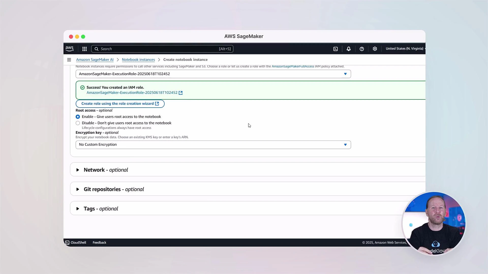 A screenshot of the AWS SageMaker "Create notebook instance" page showing a success message for creating an IAM role and configuration options for root access, encryption, network, Git repositories, and tags. A circular video overlay in the bottom-right shows a presenter.