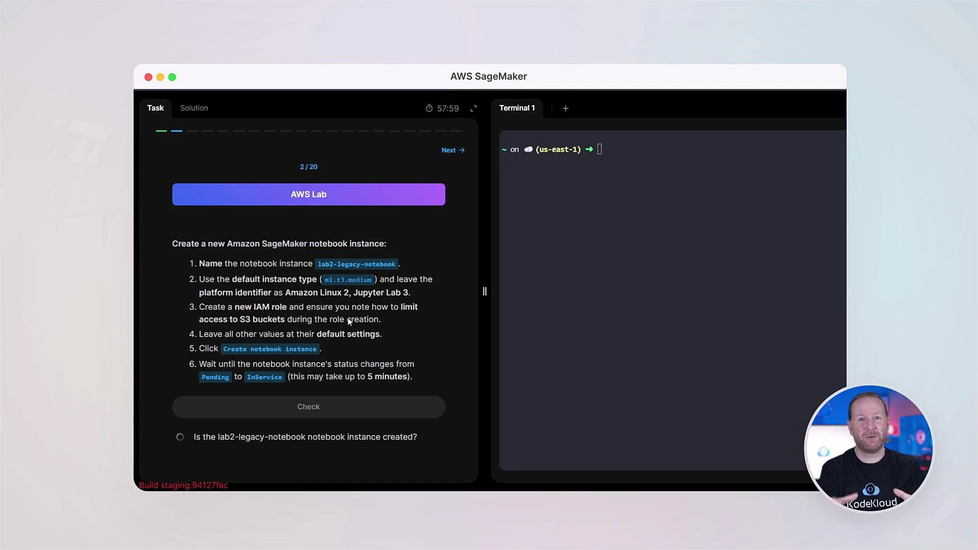A screenshot of the AWS SageMaker lab interface showing step-by-step notebook setup instructions on the left and a terminal panel on the right. A small circular video overlay of an instructor appears in the bottom-right corner.