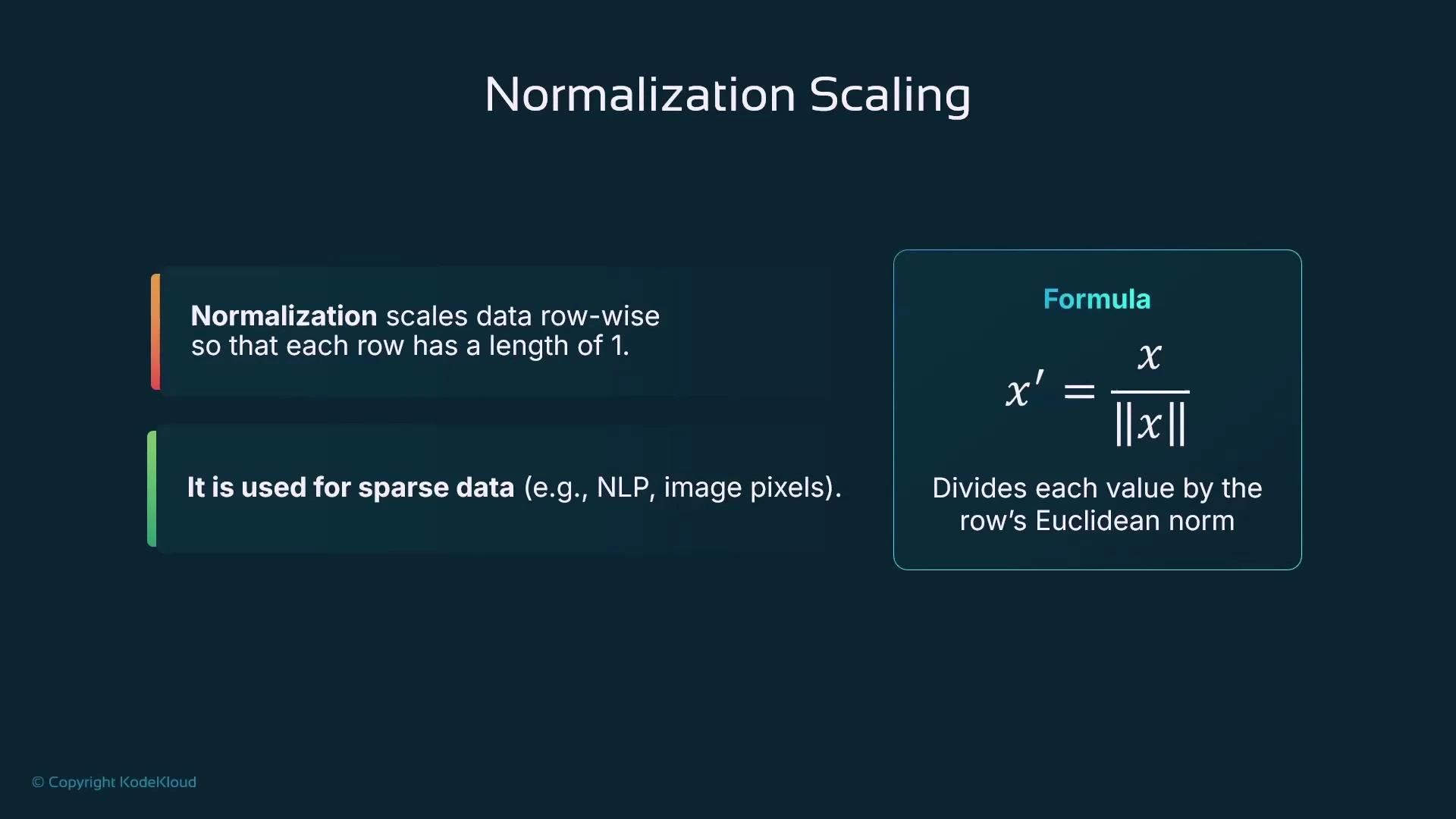 A slide titled "Normalization Scaling" explaining that normalization scales each data row to length 1 and is used for sparse data (e.g., NLP, image pixels). It also shows the formula x' = x / ||x|| and notes dividing each value by the row's Euclidean norm.