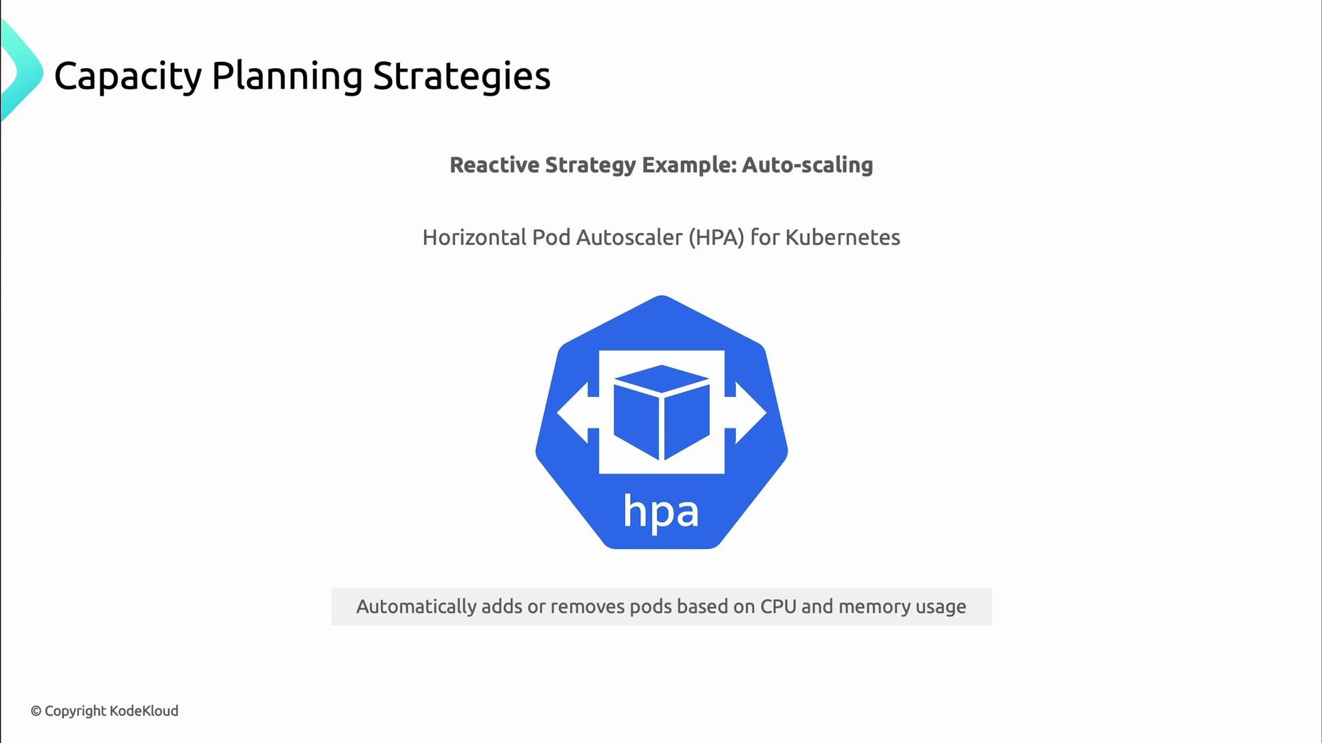 A presentation slide about capacity planning that highlights a reactive auto-scaling strategy. It shows the Kubernetes Horizontal Pod Autoscaler (HPA) logo with the note that it automatically adds or removes pods based on CPU and memory usage.