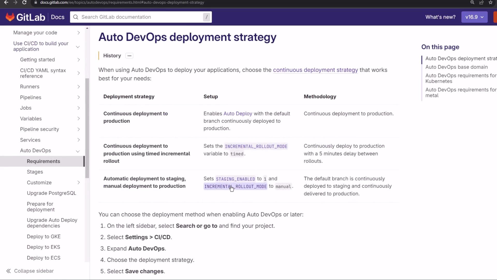 A screenshot of the GitLab Docs page titled "Auto DevOps deployment strategy," showing a table of deployment strategies and setup/methodology details. The left sidebar navigation and page contents for configuring Auto DevOps are also visible.