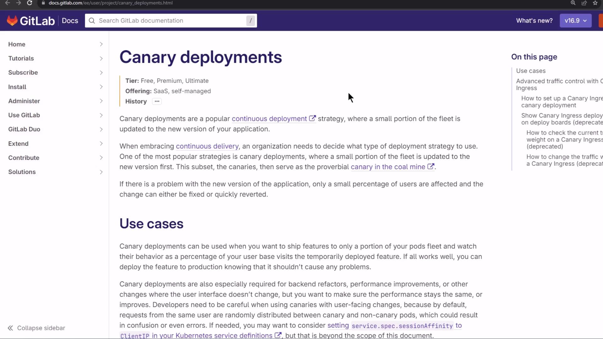 A screenshot of a GitLab Docs webpage titled "Canary deployments" showing explanatory text about continuous deployment and use cases. The page includes a left navigation menu, a top search/header bar, and an "On this page" sidebar.