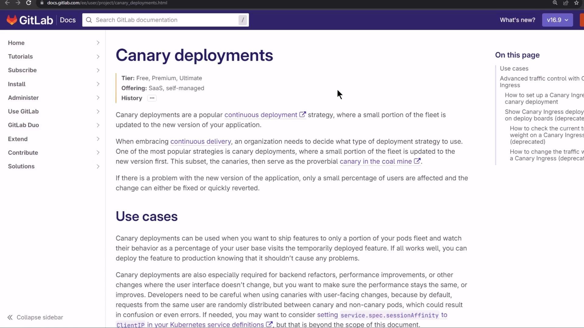 A screenshot of a GitLab Docs webpage titled "Canary deployments" showing explanatory text about continuous deployment and use cases. The page includes a left navigation menu, a top search/header bar, and an "On this page" sidebar.