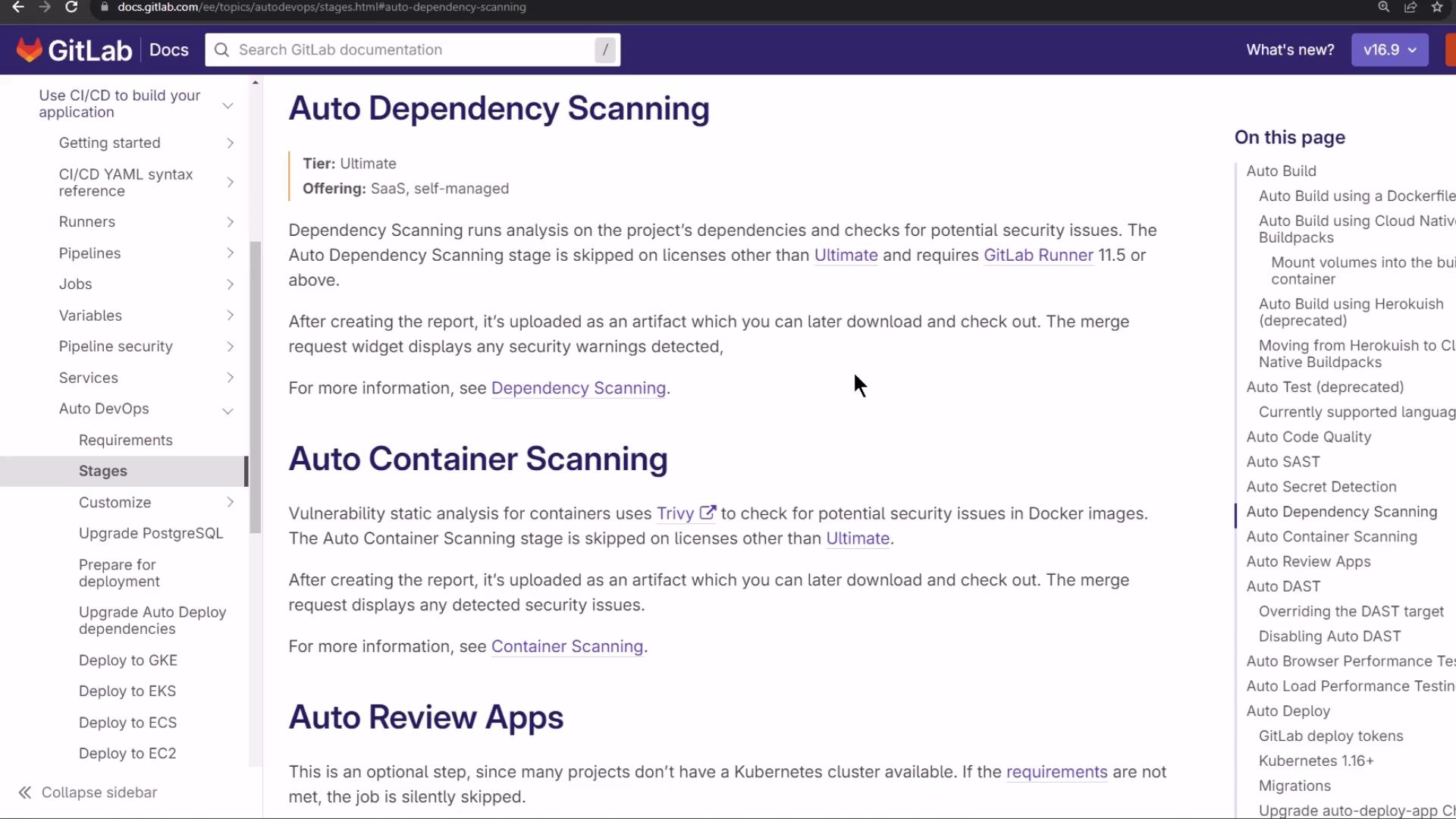A screenshot of the GitLab Docs webpage showing the "Auto Dependency Scanning" section. The page includes a left sidebar navigation and a right-hand table of contents.
