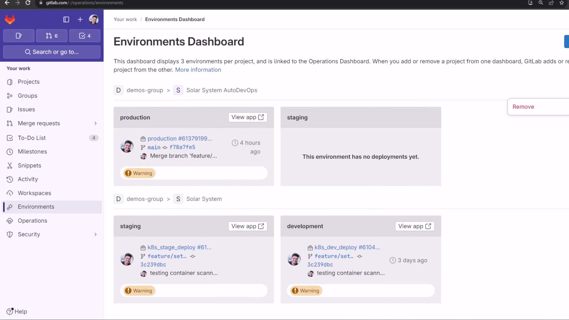 A screenshot of a GitLab "Environments Dashboard" showing environment cards for production, staging, and development with deployment details and warning badges. The left-hand GitLab navigation panel is also visible.