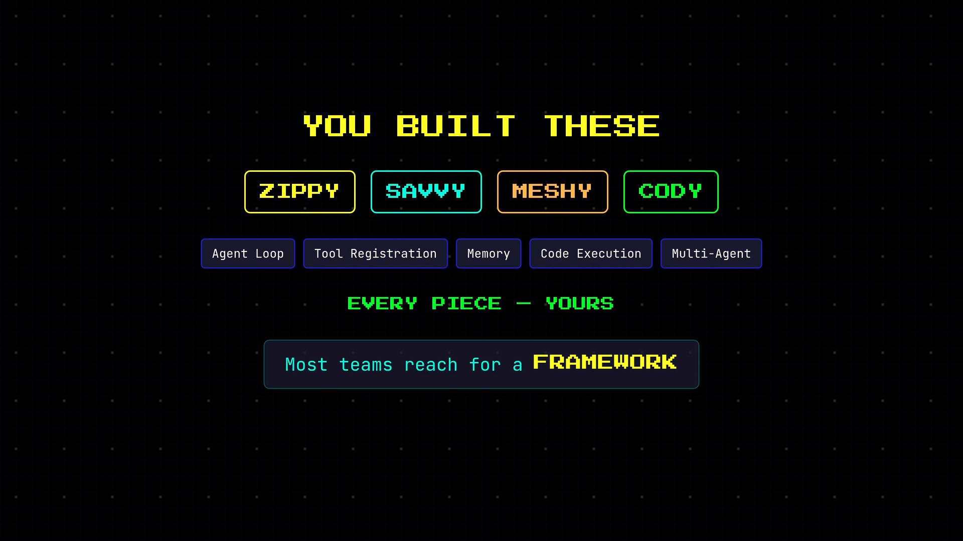 A retro neon-styled graphic reading "YOU BUILT THESE" above four highlighted boxes labeled ZIPPY, SAVVY, MESHY and CODY, with feature tags like Agent Loop, Tool Registration, Memory, Code Execution and Multi-Agent. Below it says "EVERY PIECE — YOURS" and a highlighted line, "Most teams reach for a FRAMEWORK."
