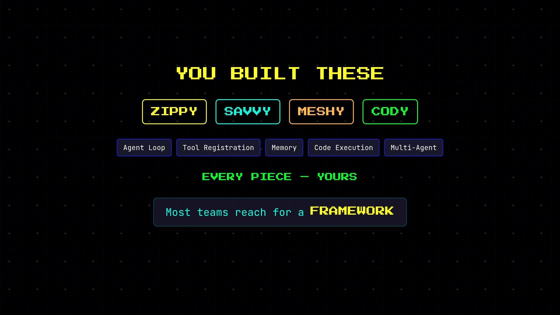 A retro neon-styled graphic reading "YOU BUILT THESE" above four highlighted boxes labeled ZIPPY, SAVVY, MESHY and CODY, with feature tags like Agent Loop, Tool Registration, Memory, Code Execution and Multi-Agent. Below it says "EVERY PIECE — YOURS" and a highlighted line, "Most teams reach for a FRAMEWORK."