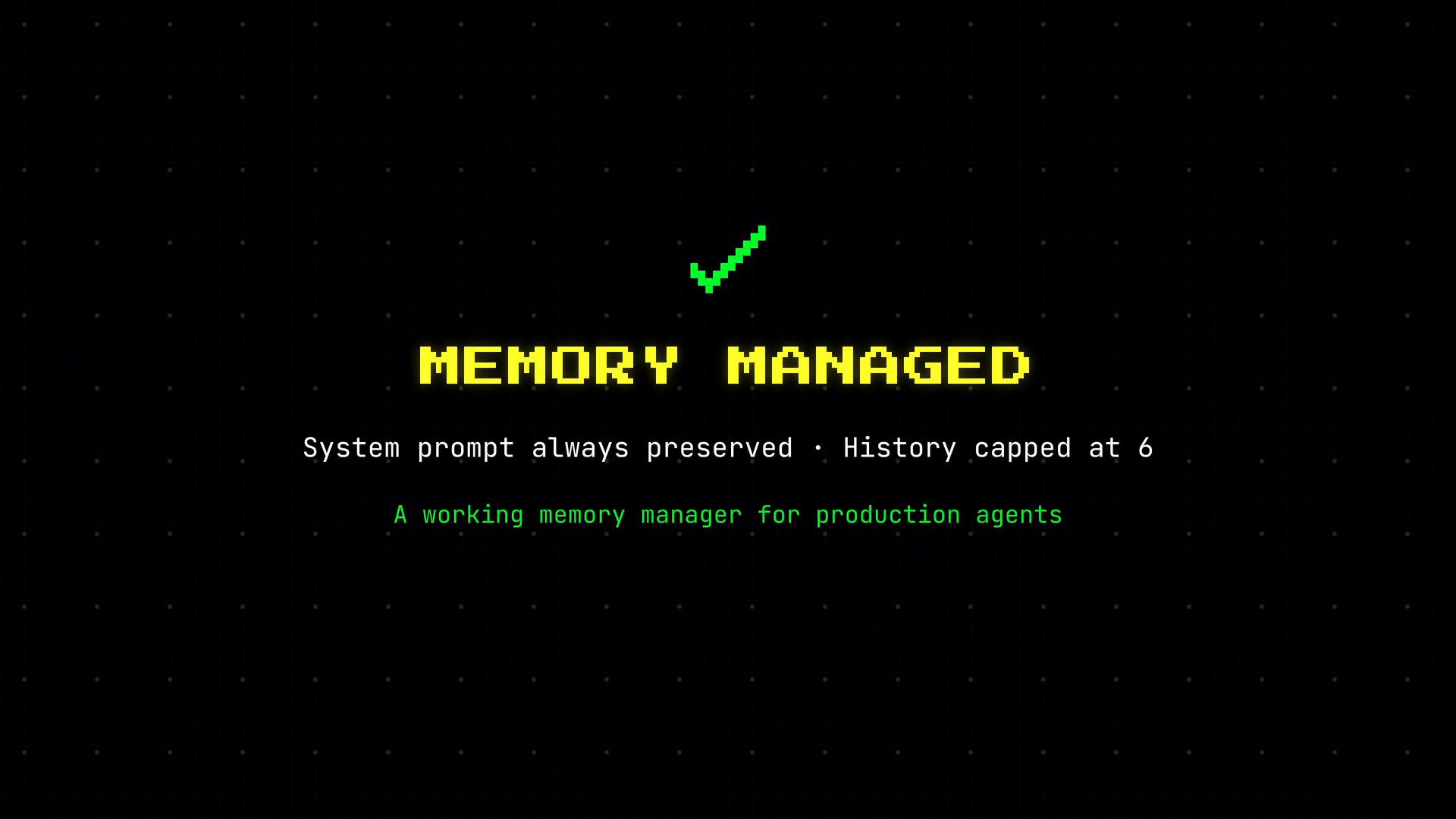 A retro-style graphic with a green checkmark and bold yellow pixelated text reading "MEMORY MANAGED." Below it are smaller lines saying "System prompt always preserved · History capped at 6" and "A working memory manager for production agents."