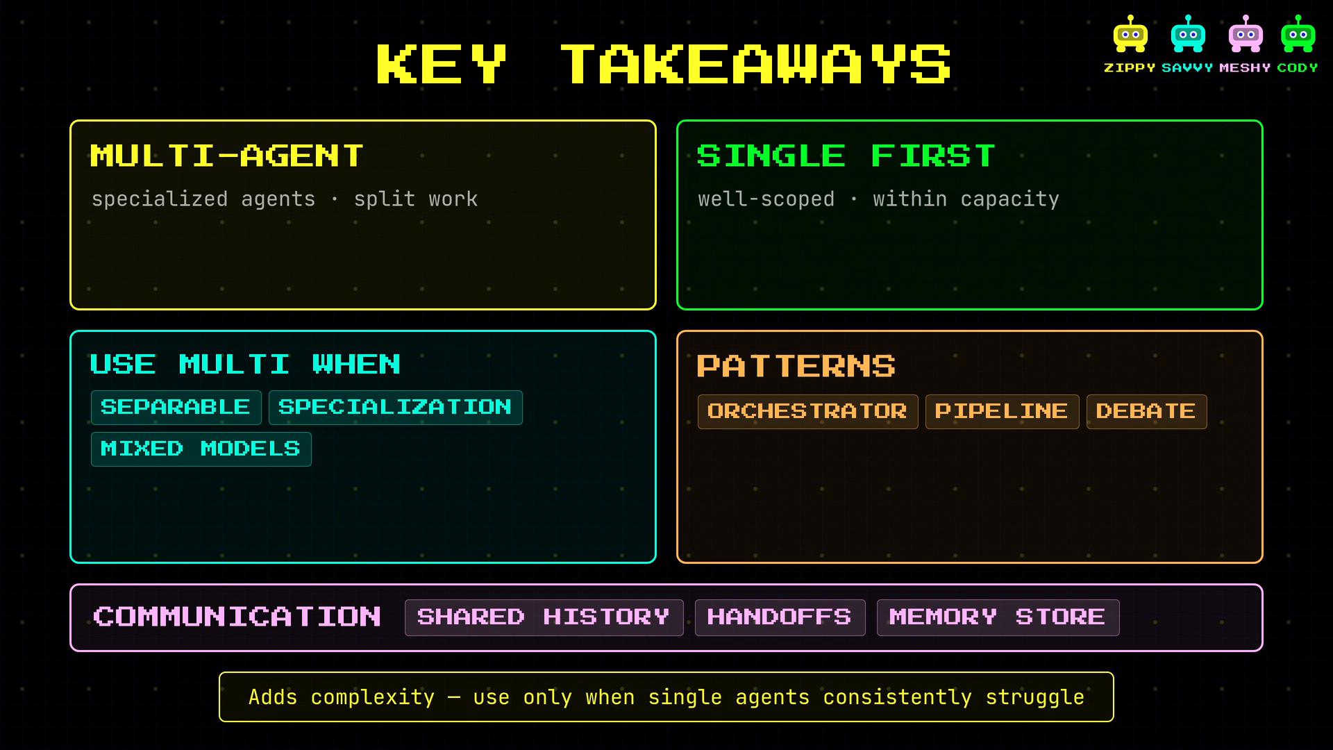 An infographic titled "Key Takeaways" comparing multi-agent and single-first approaches. It lists when to use multi-agent (separable tasks, specialization, mixed models) and example patterns (orchestrator, pipeline, debate) plus notes on communication.