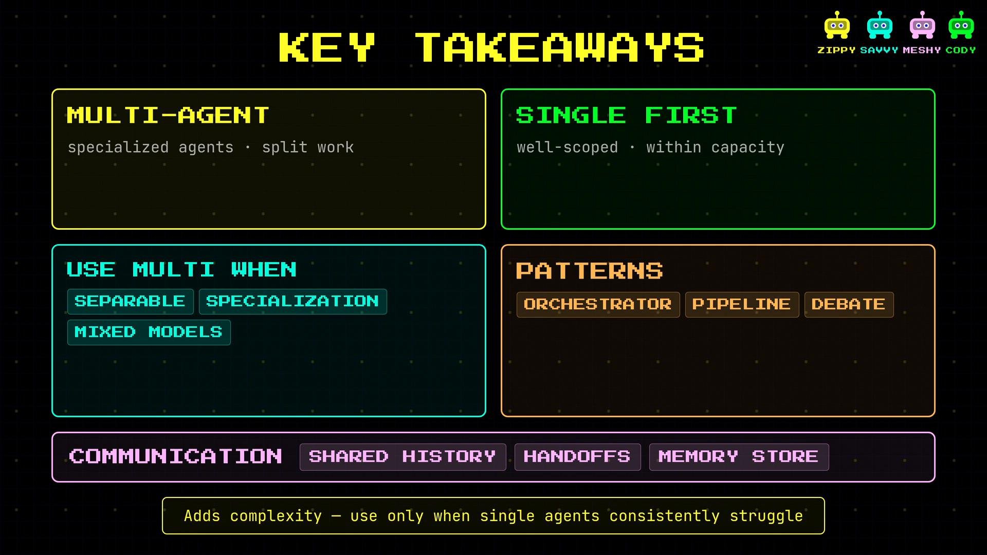 An infographic titled "Key Takeaways" comparing multi-agent and single-first approaches. It lists when to use multi-agent (separable tasks, specialization, mixed models) and example patterns (orchestrator, pipeline, debate) plus notes on communication.
