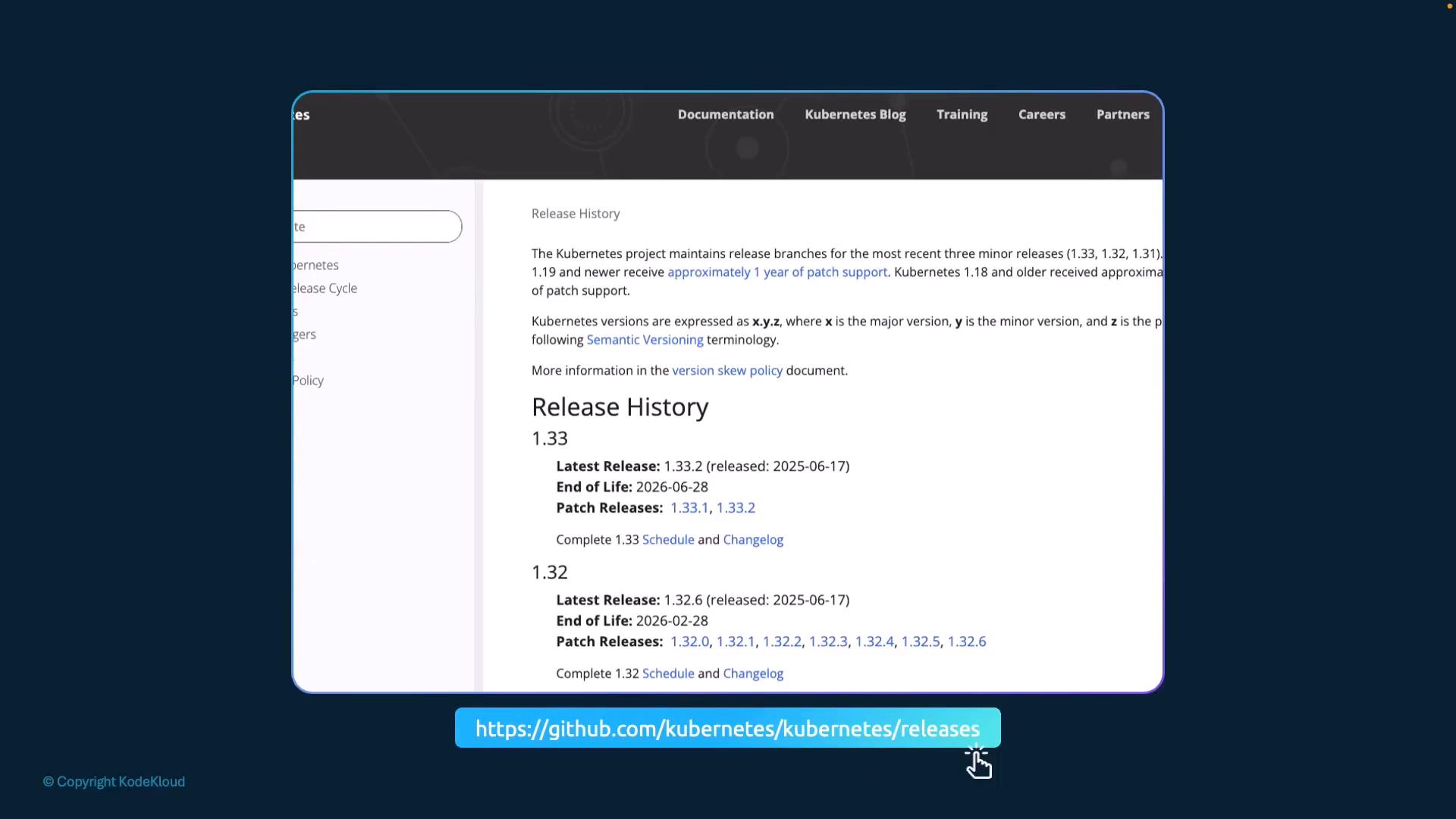 A screenshot of a webpage showing the Kubernetes "Release History" with version details (1.33, 1.32) and a highlighted GitHub releases URL. The page includes a left sidebar menu and a small KodeKloud copyright at the bottom.