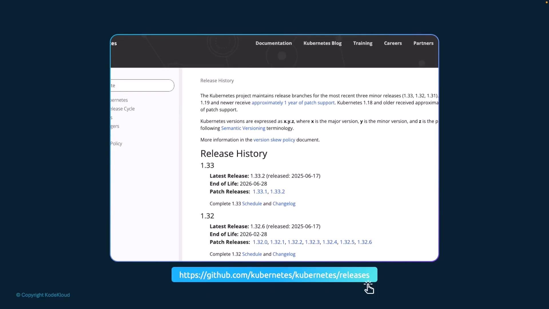 A screenshot of a webpage showing the Kubernetes "Release History" with version details (1.33, 1.32) and a highlighted GitHub releases URL. The page includes a left sidebar menu and a small KodeKloud copyright at the bottom.