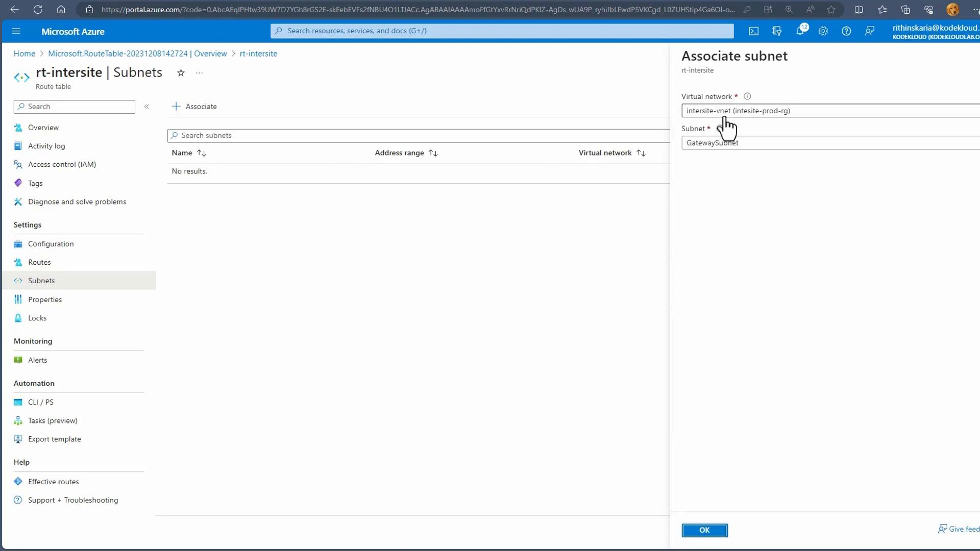 A screenshot of the Microsoft Azure portal showing the "rt-intersite | Subnets" route table blade with no subnets listed and an "Associate subnet" panel open on the right, selecting the virtual network "intersite-vnet" and the "GatewaySubnet."