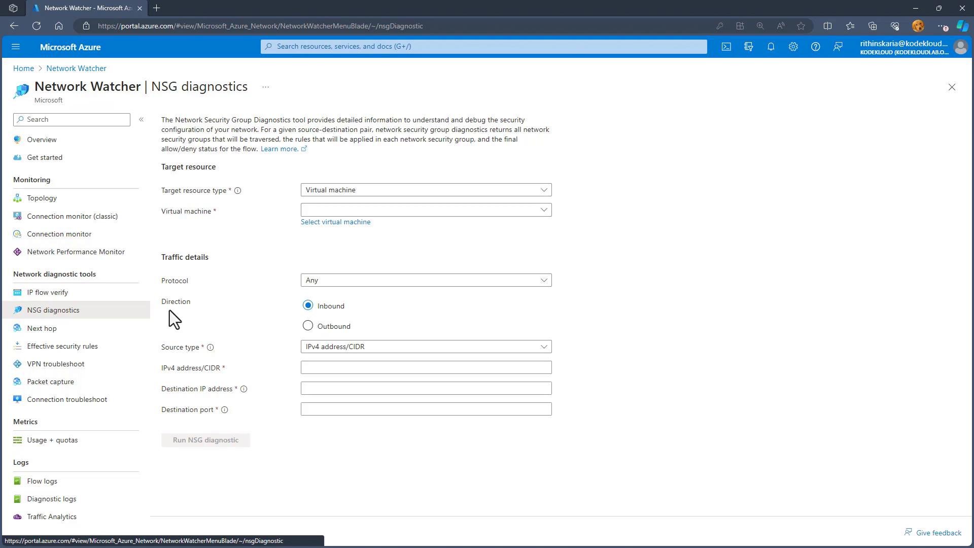 A screenshot of the Microsoft Azure portal open to the Network Watcher "NSG diagnostics" page, showing form fields for target resource, protocol, direction, and IP/port details. The left sidebar lists monitoring and network diagnostic tools like IP flow verify, next hop, and packet capture.