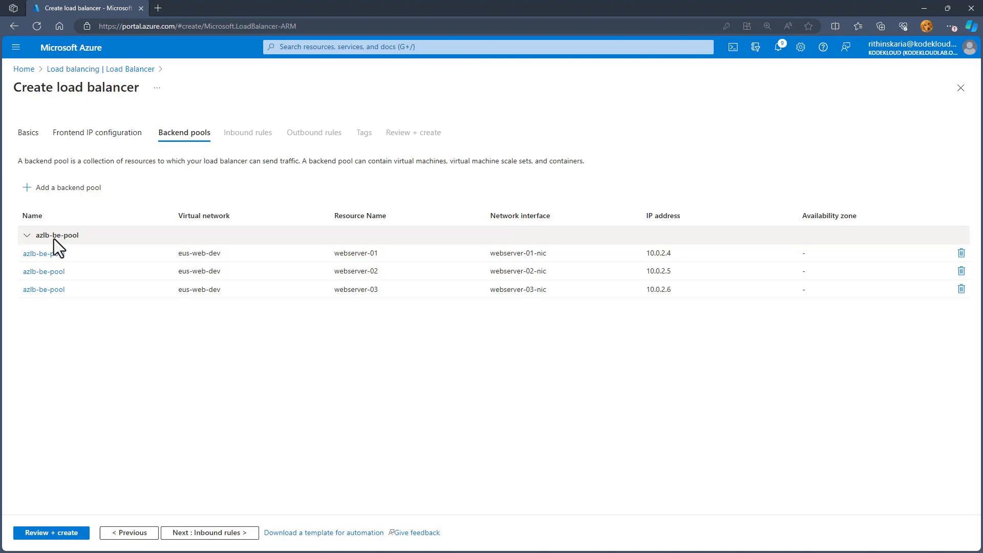 A screenshot of the Microsoft Azure portal on the "Create load balancer" page showing the Backend pools tab. It lists a backend pool named "azlb-be-pool" with three webserver resources (webserver-01 to webserver-03) and their IP addresses.