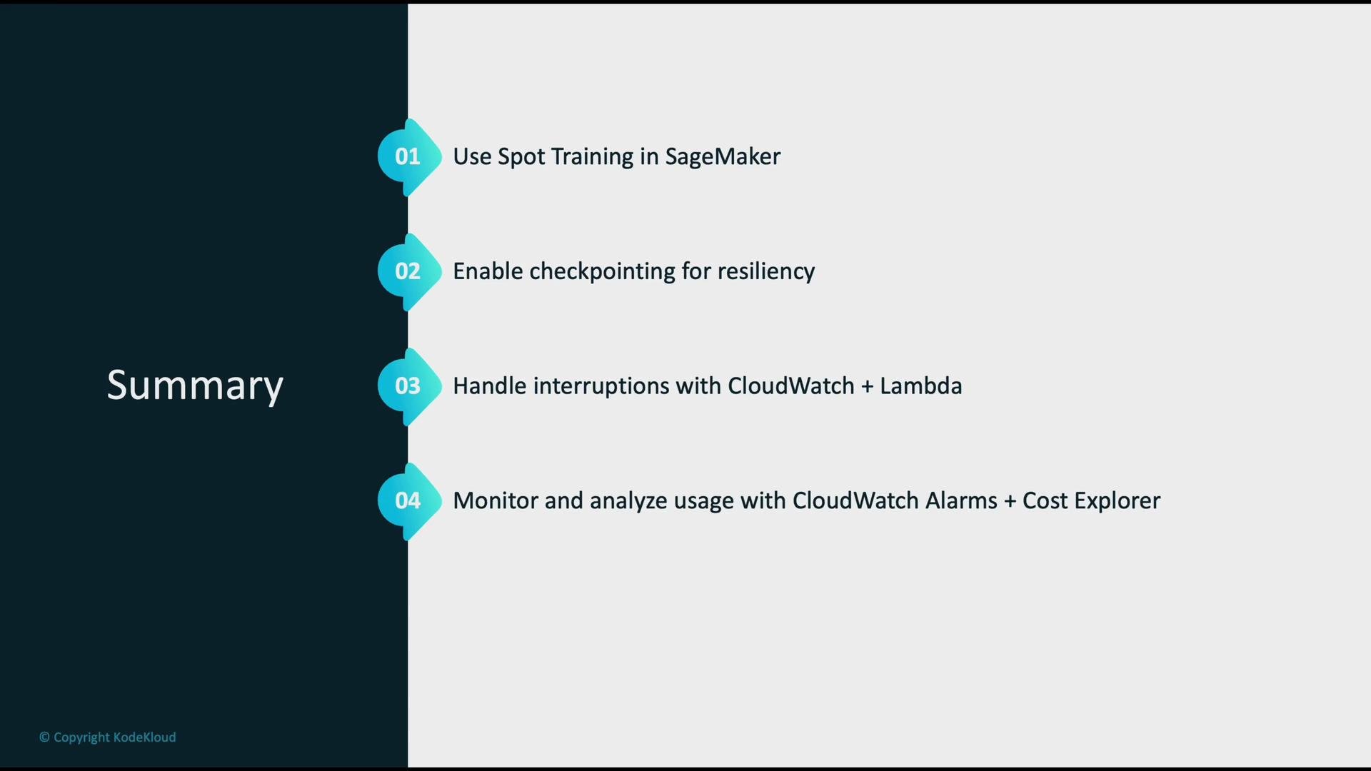 The image is a summary slide listing four steps related to AWS: using Spot Training in SageMaker, enabling checkpointing for resiliency, handling interruptions with CloudWatch and Lambda, and monitoring usage with CloudWatch Alarms and Cost Explorer.
