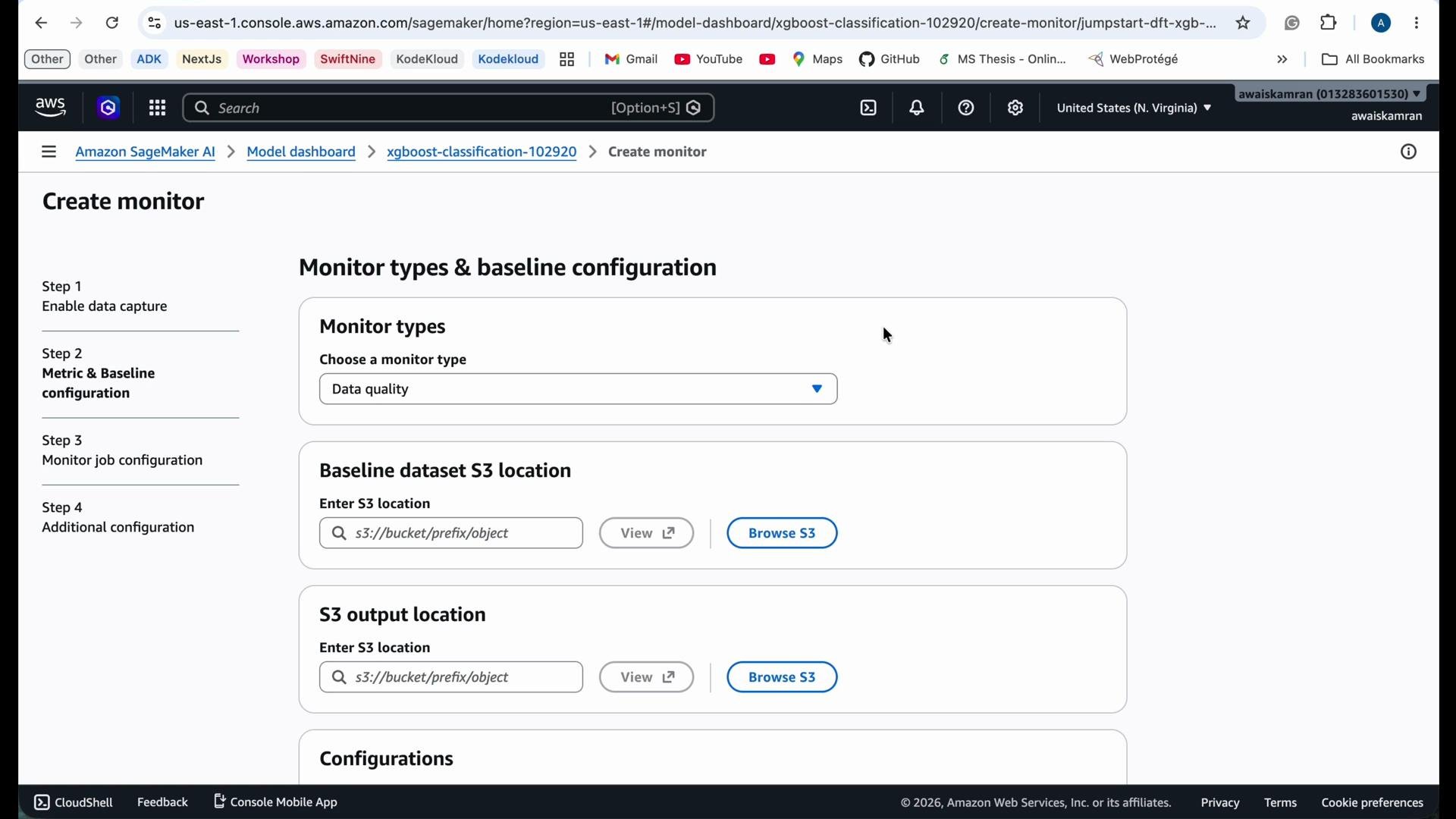 The image shows the user interface of Amazon SageMaker, specifically the "Create monitor" section for configuring data quality monitoring settings. It includes options for setting the monitor type, baseline dataset S3 location, and S3 output location.