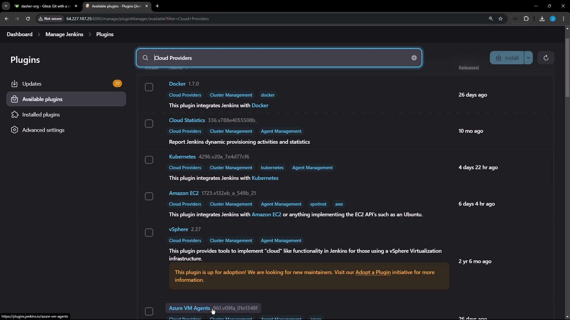 A screenshot of the Jenkins "Manage Plugins" -> "Available plugins" page showing a search for "Cloud Providers" and a list of plugins (Docker, Kubernetes, Amazon EC2, vSphere, Azure VM Agents) with descriptions and release timestamps. The left sidebar shows navigation items like Updates, Available plugins, Installed plugins, and Advanced settings.