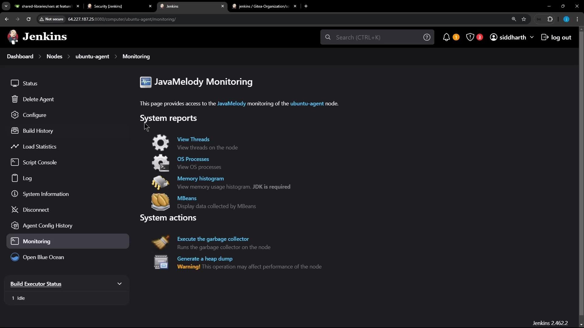 A screenshot of the Jenkins web UI showing the "JavaMelody Monitoring" page for an "ubuntu-agent" node. The page lists system reports (View Threads, OS Processes, Memory histogram, MBeans) and system actions (execute garbage collector, generate a heap dump) with left-side navigation.