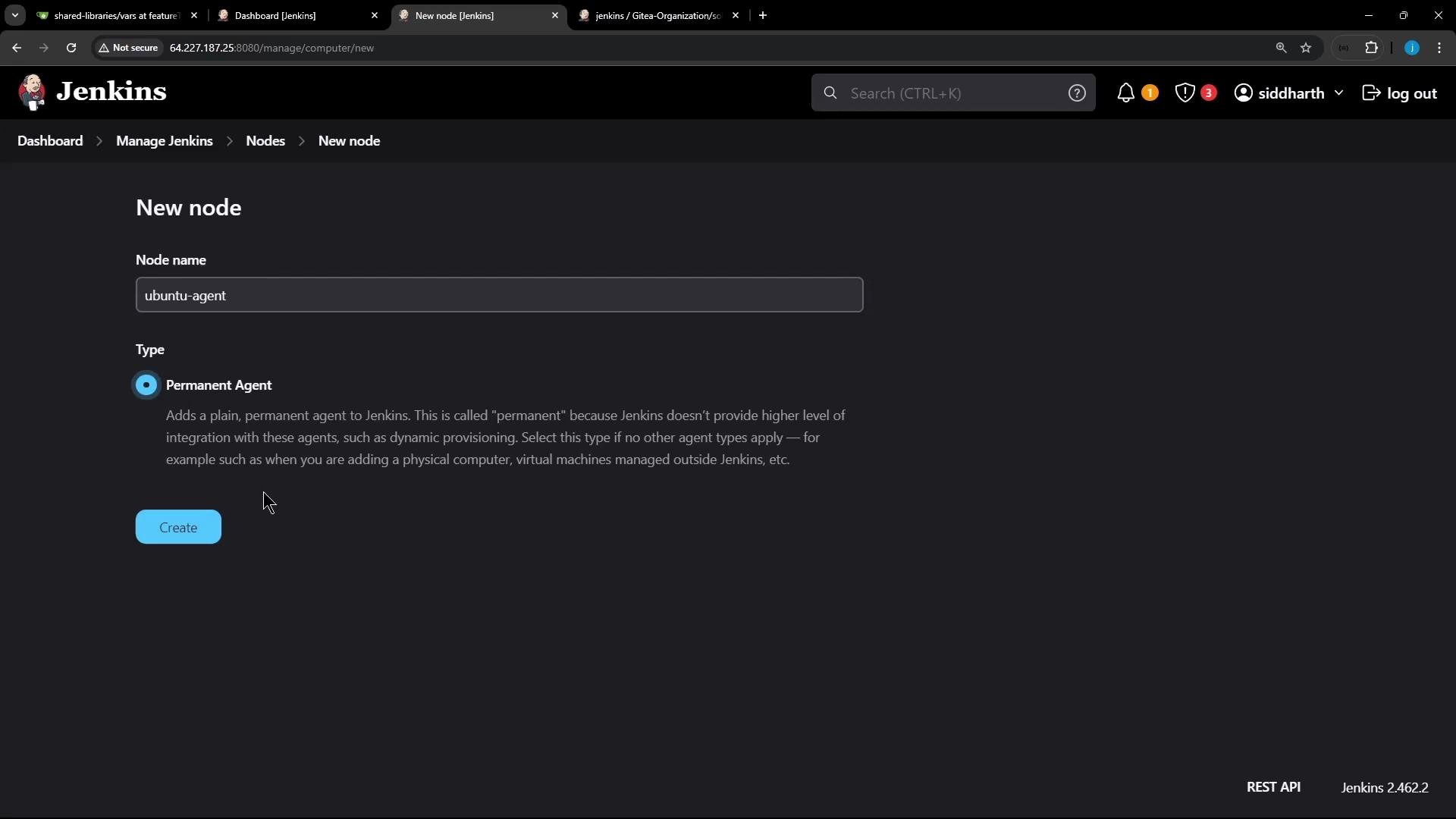 A screenshot of the Jenkins web UI on the "New node" page showing a node named "ubuntu-agent" with "Permanent Agent" selected. The dark-themed page includes a "Create" button to add the node.