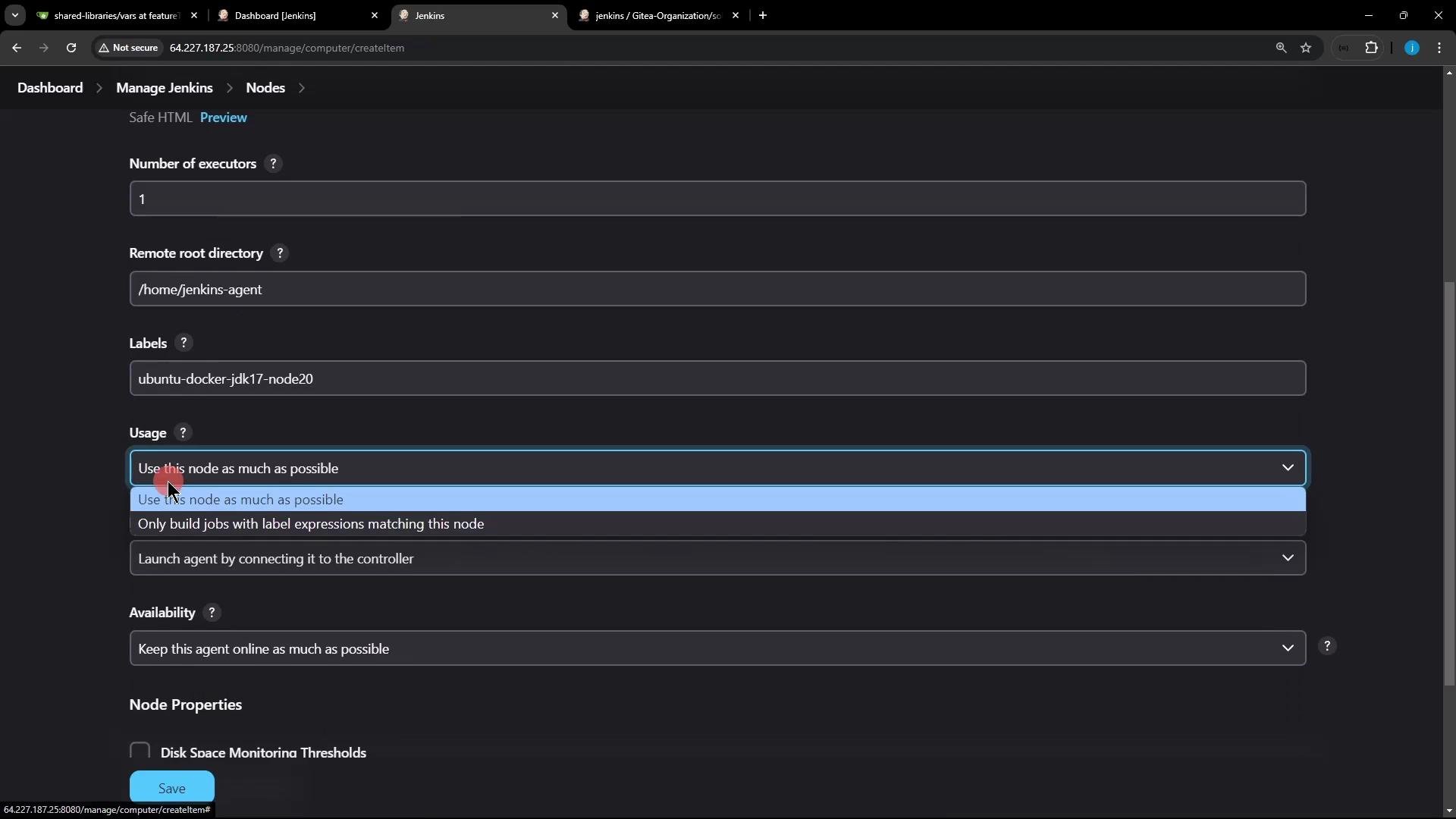 A screenshot of a Jenkins "Manage Nodes" configuration page showing node settings like Number of executors (1), Remote root directory (/home/jenkins-agent) and Labels (ubuntu-docker-jdk17-node20). The Usage dropdown is open and set to "Use this node as much as possible."