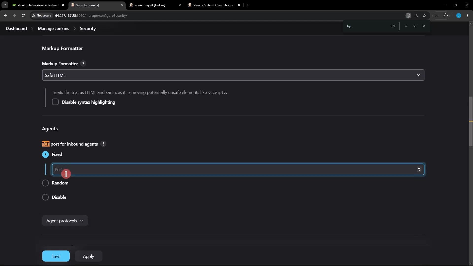 A dark-mode browser screenshot of the Jenkins "Manage Jenkins → Security" settings page showing the Markup Formatter set to "Safe HTML" and the Agents section with TCP port options (Fixed selected and a port input field). Save and Apply buttons are visible at the bottom.