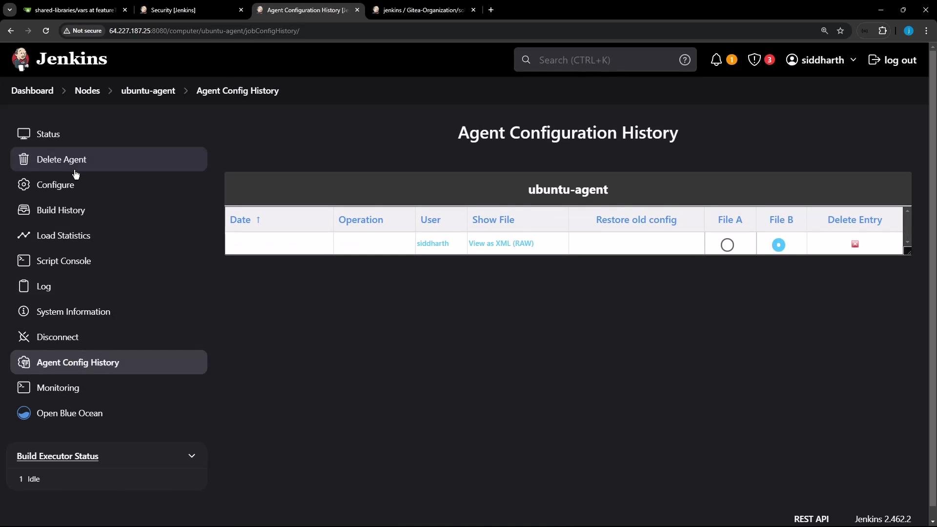 A Jenkins web UI screenshot showing the "Agent Configuration History" page for an "ubuntu-agent" node. The left sidebar lists node actions (Delete Agent, Configure, Build History) and a table shows a config entry by user "siddharth."