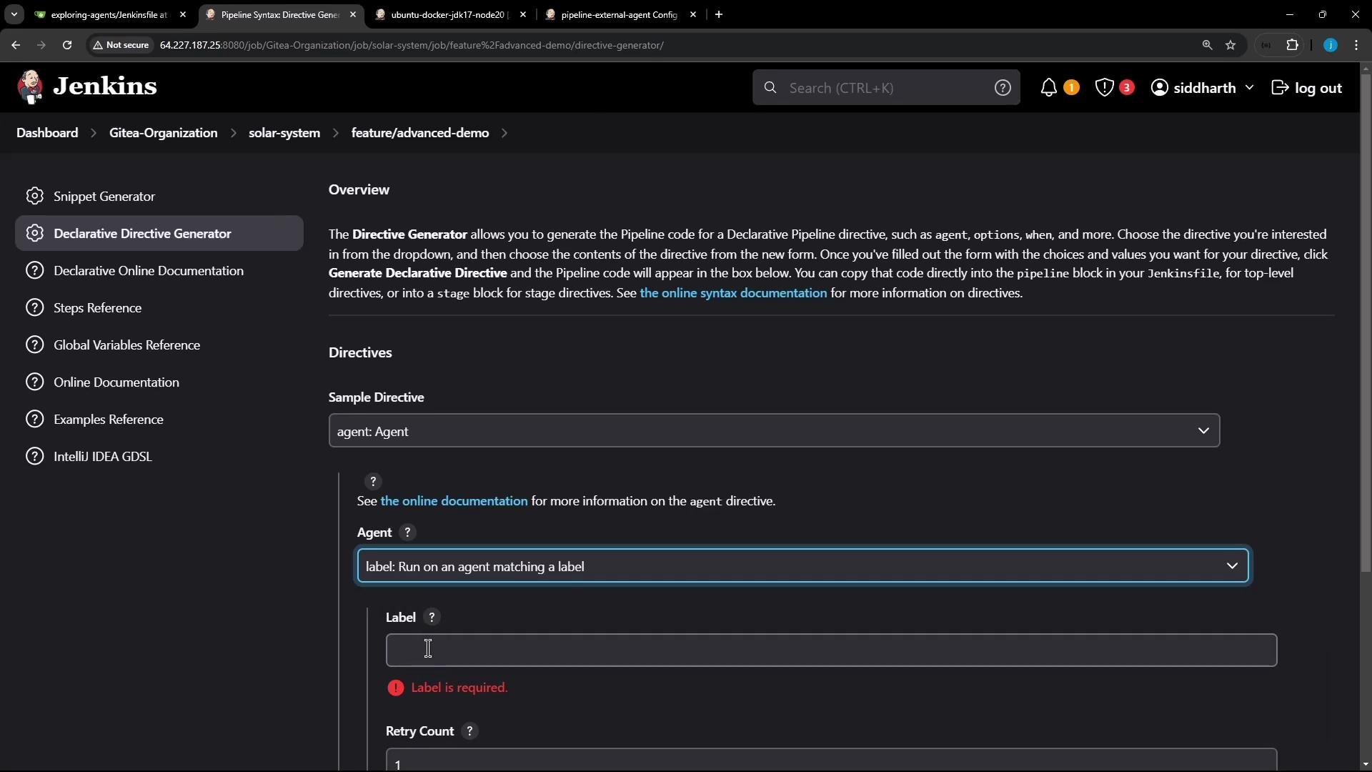 A screenshot of the Jenkins web UI displaying the "Declarative Directive Generator" page with a left navigation menu and the main pane showing a form to configure an "agent" directive. The form highlights a required "Label" field and other directive options.