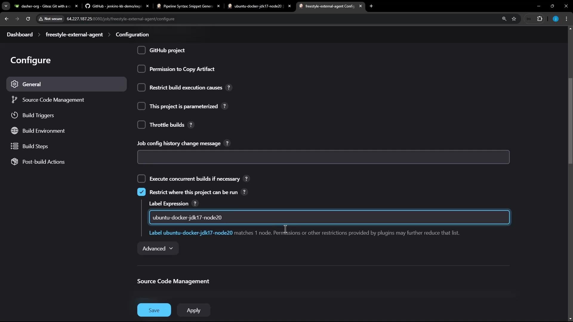 A dark-themed Jenkins job configuration screen for "freestyle-external-agent," showing the General settings panel and the "Restrict where this project can be run" option with the label expression "ubuntu-docker-jdk17-node20."