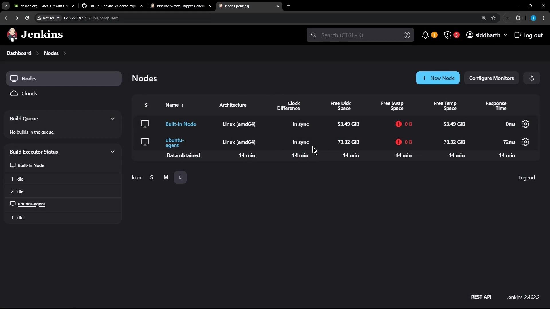 A Jenkins web UI showing the "Nodes" page with two nodes listed ("Built-In Node" and "ubuntu-agent"), their architectures, free disk/temp space and response times. The left sidebar shows build queue and executor status.