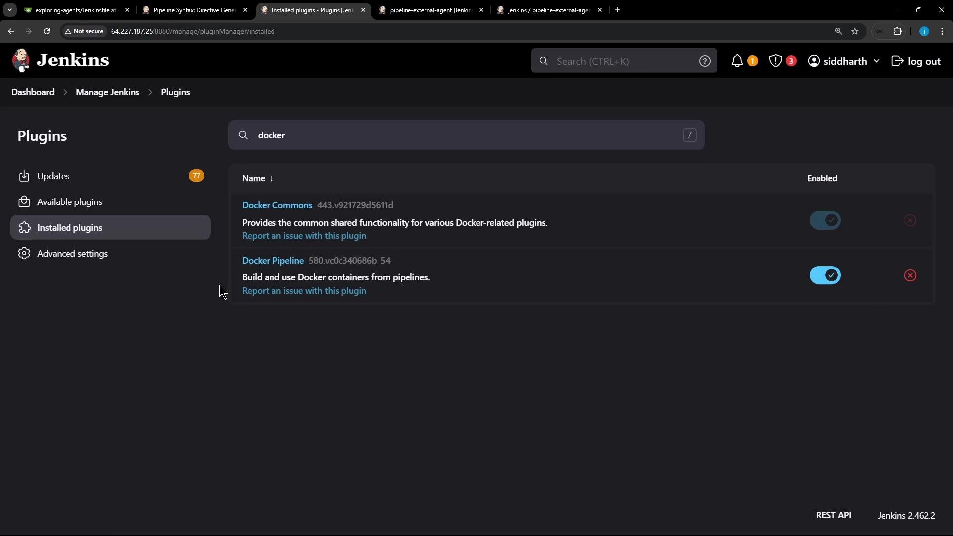 A Jenkins web UI screenshot of the Installed Plugins page with a search for "docker" showing two Docker-related plugins (Docker Commons and Docker Pipeline) listed and enabled. The left sidebar shows navigation items like Updates, Available plugins, and Advanced settings.