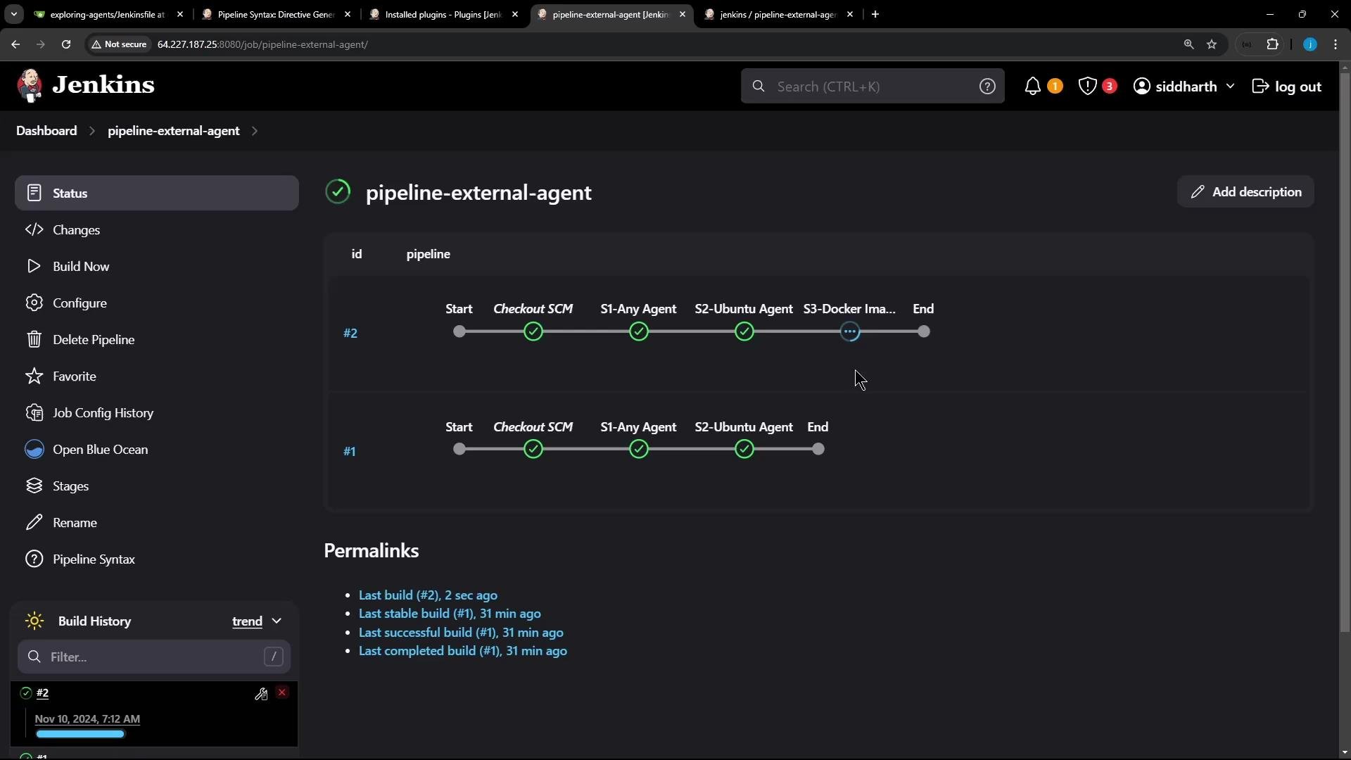 A dark‑theme Jenkins dashboard showing the "pipeline-external-agent" pipeline with a horizontal stage flow (Checkout SCM, S1-Any Agent, S2-Ubuntu Agent, S3-Docker Image) and green checkmarks for completed stages. The left sidebar shows pipeline actions (Status, Changes, Build Now, Configure) and a build history panel.