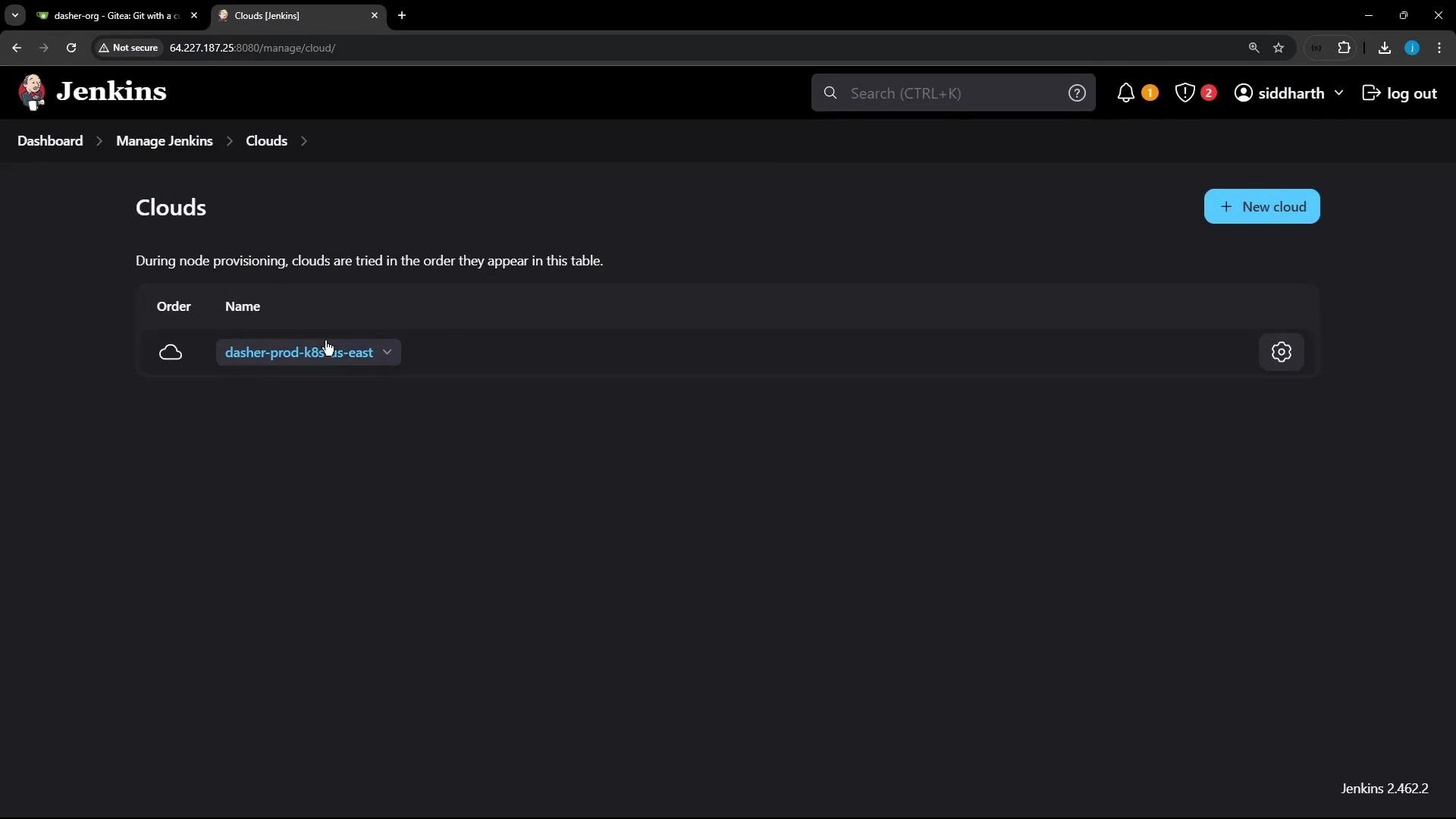 A screenshot of the Jenkins "Clouds" settings page in dark mode showing one configured cloud entry named "dasher-prod-k8s-us-east" and a "New cloud" button. The top bar shows the Jenkins logo, search, and user menu.