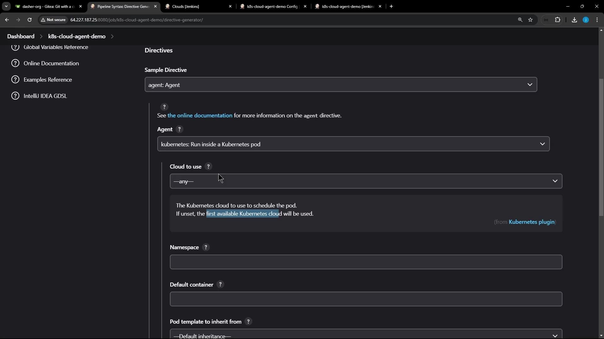 A dark-themed screenshot of a Jenkins web UI showing the "k8s-cloud-agent-demo" Directives page with a Sample Directive for the agent set to "kubernetes." The form shows fields like "Cloud to use," "Namespace," and "Default container" for configuring a Kubernetes agent.