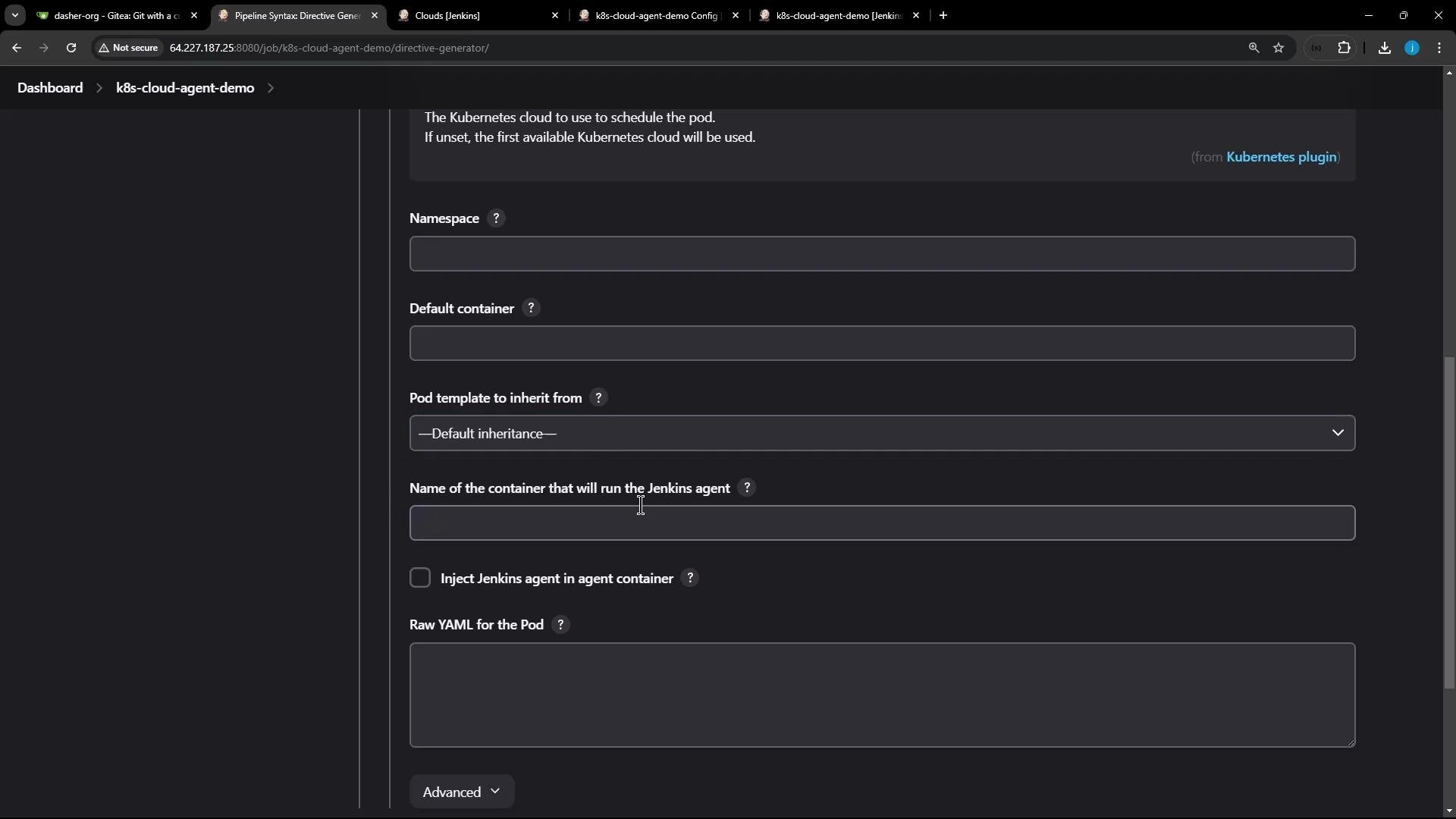 A dark-themed screenshot of a Jenkins web UI showing a Kubernetes cloud/agent configuration form with fields like Namespace, Default container, Pod template to inherit from, and Raw YAML for the Pod. The browser tabs and address bar are visible at the top.