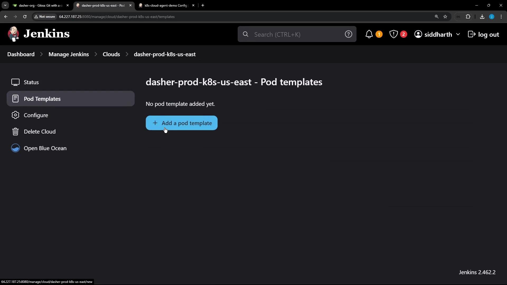 A Jenkins web UI screenshot showing the "dasher-prod-k8s-us-east - Pod templates" page with no templates added and a prominent blue "Add a pod template" button. The left sidebar shows navigation items like Status, Pod Templates, Configure, and Delete Cloud.