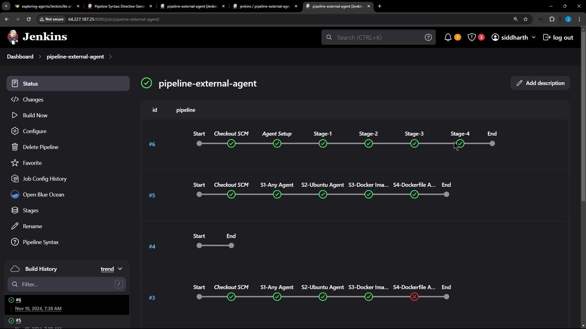 Screenshot of a Jenkins pipeline page for "pipeline-external-agent" showing multiple build runs with stage progress indicators (mostly green checkmarks) across stages like Checkout SCM, Agent Setup, Stage-1..Stage-4. The left sidebar lists pipeline actions (Status, Changes, Build Now, Configure) and a build history panel.