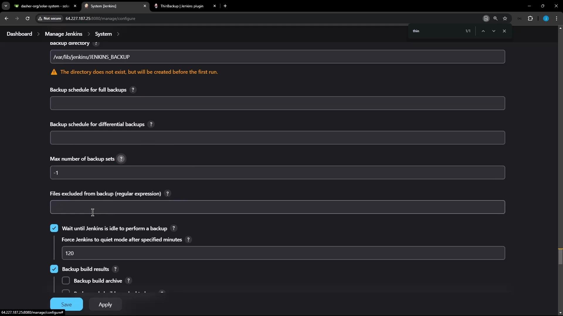 A dark-themed Jenkins system configuration page showing backup settings—fields for backup directory, full/differential schedules, max backup sets, excluded files, checkboxes for options, and Save/Apply buttons. An orange warning notes the specified backup directory does not exist and will be created before the first run.