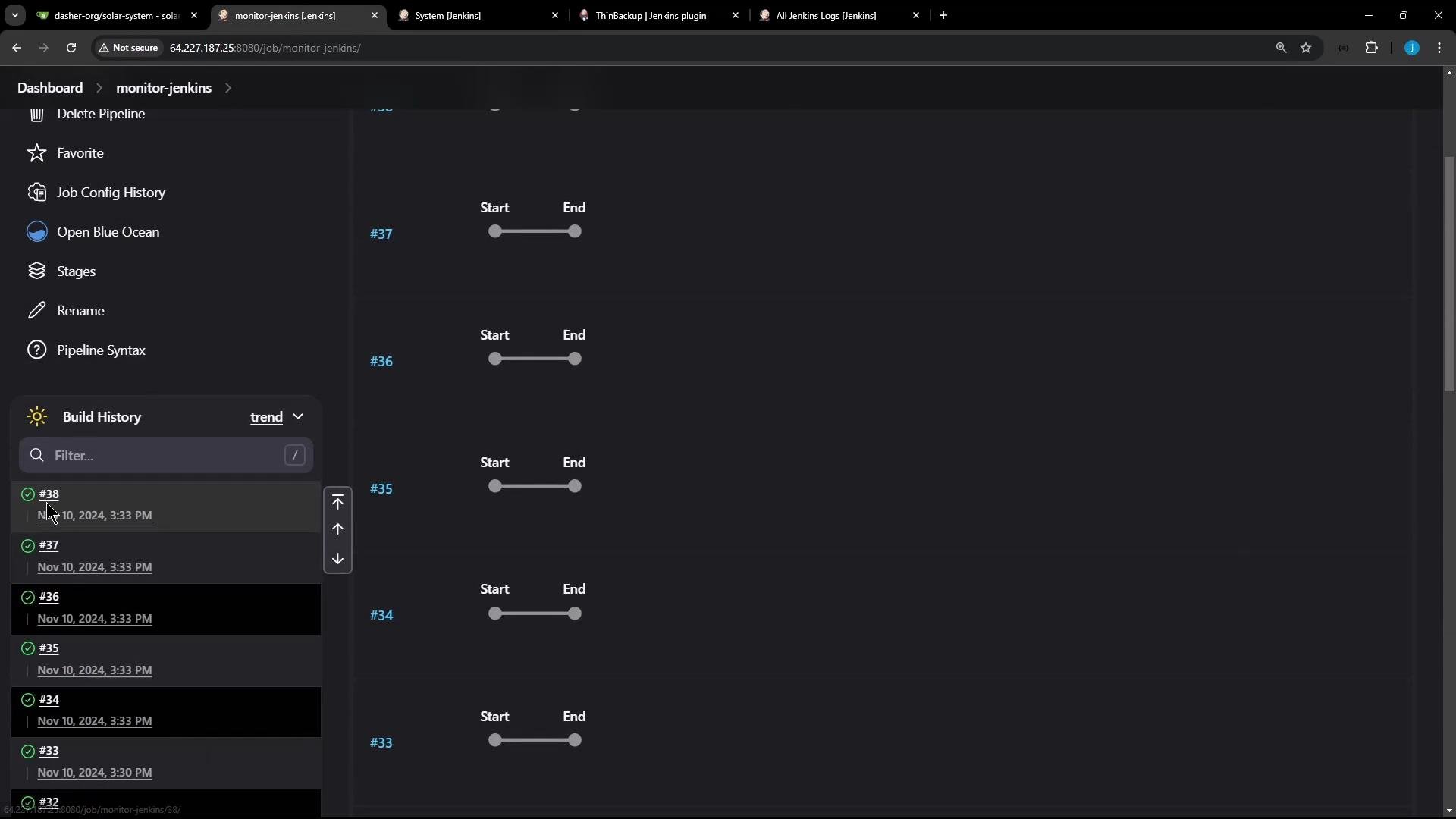 A dark-themed Jenkins pipeline page for a job called "monitor-jenkins," showing a build history list on the left and Start/End timeline markers for several build numbers on the right.