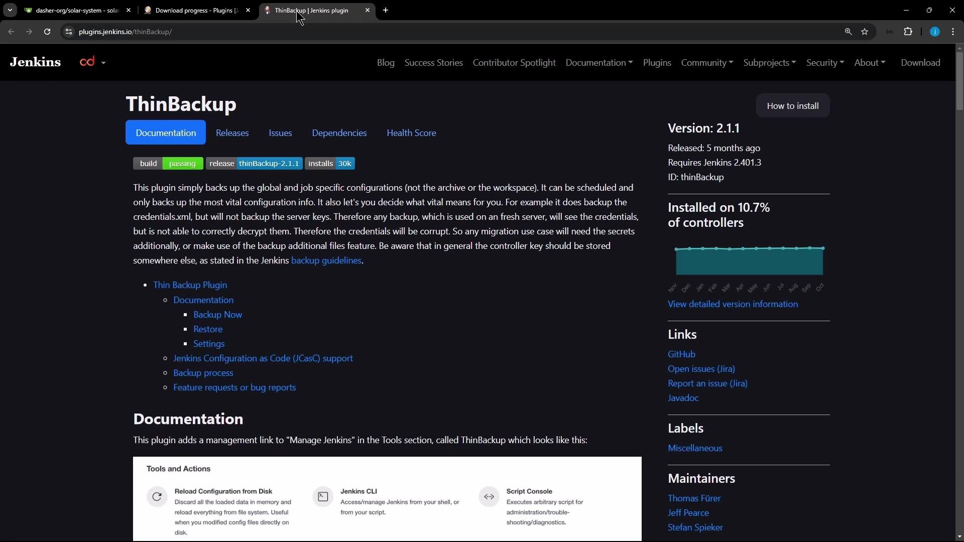 A screenshot of the Jenkins plugin page for "ThinBackup," showing the plugin documentation, badges, and details like Version 2.1.1 and installation stats. The dark-themed page also displays navigation tabs, descriptive text, and a small usage graph in the right sidebar.