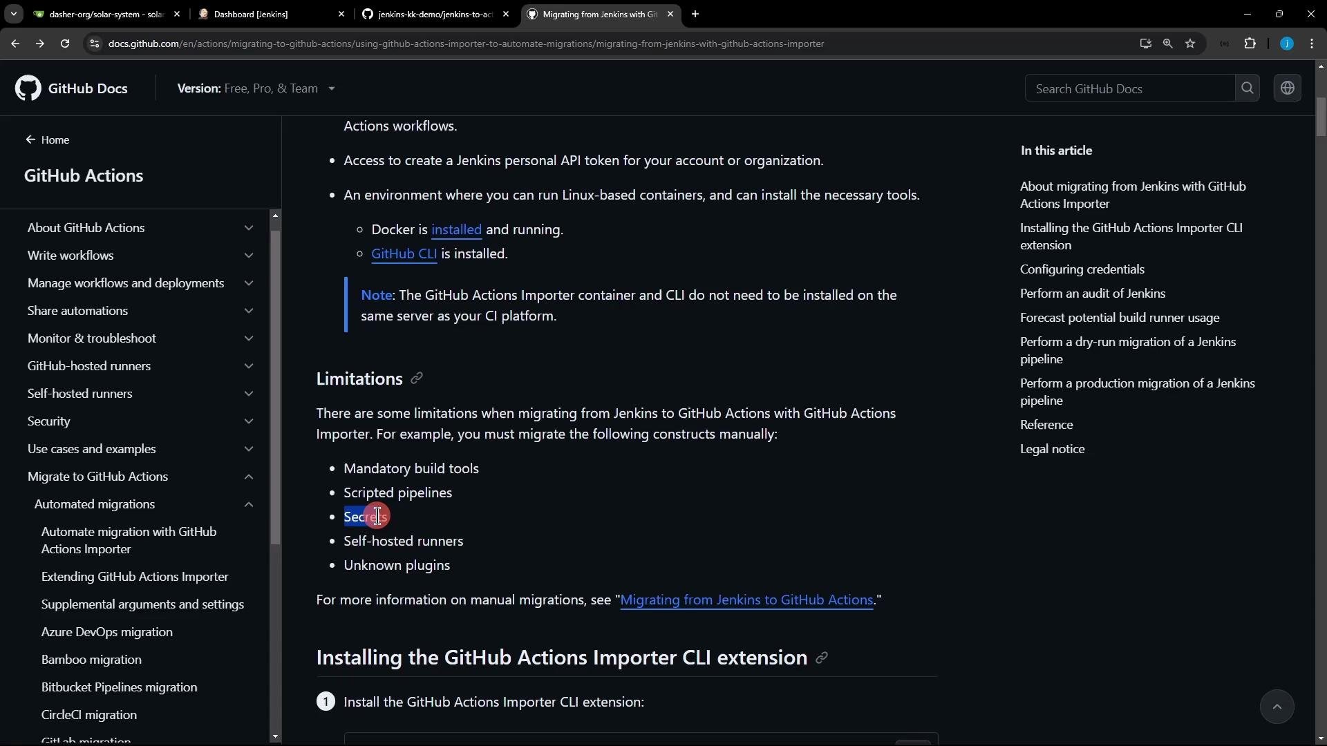 A screenshot of the GitHub Docs page for GitHub Actions (dark theme) showing guidance on migrating from Jenkins, with a left navigation menu and main content listing prerequisites and limitations. Browser tabs and window UI are visible along the top.