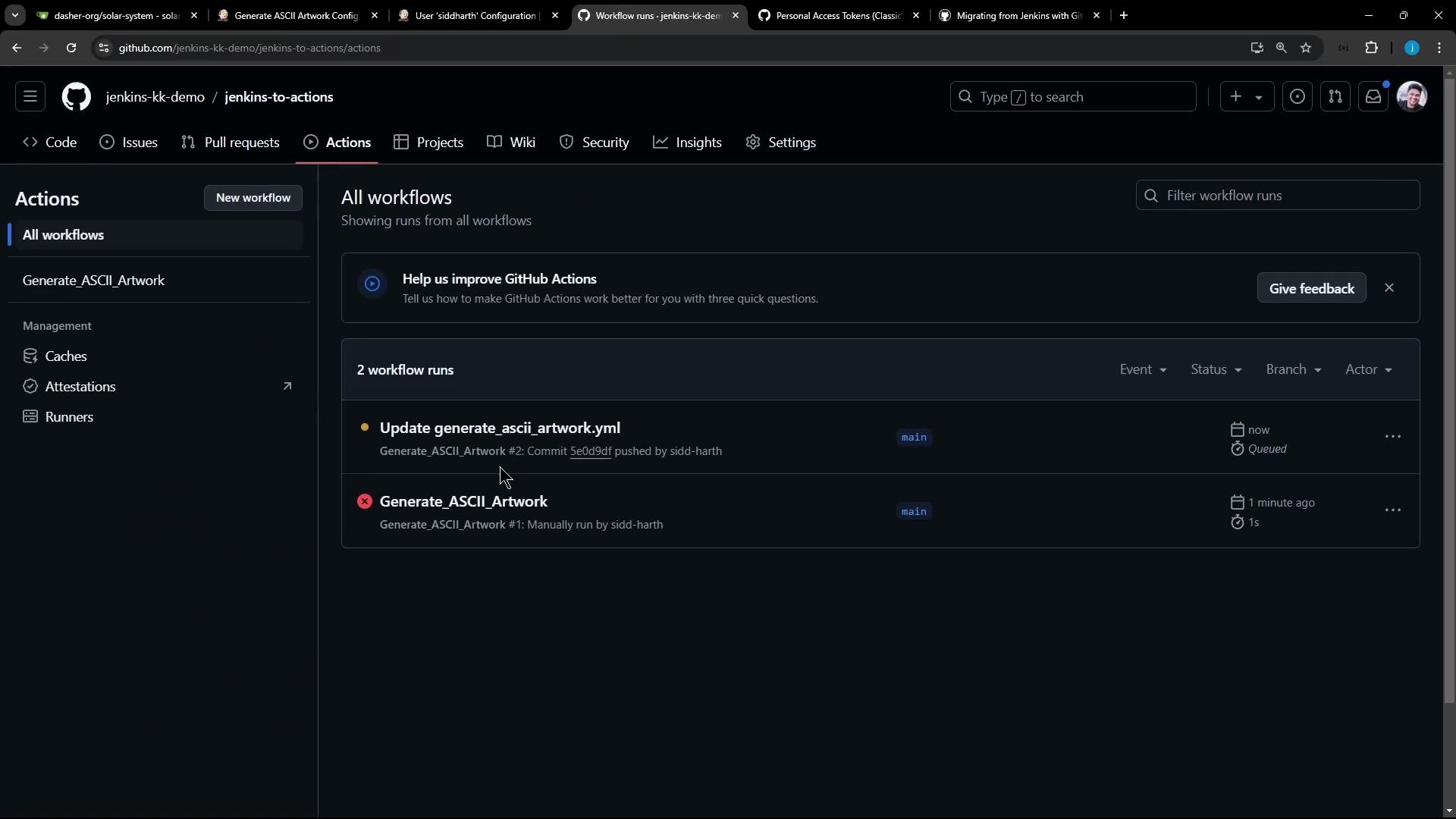 Screenshot of a GitHub Actions page for a repository, showing the "All workflows" view with two workflow runs for Generate_ASCII_Artwork — one queued update and one failed run. The interface is in dark mode.