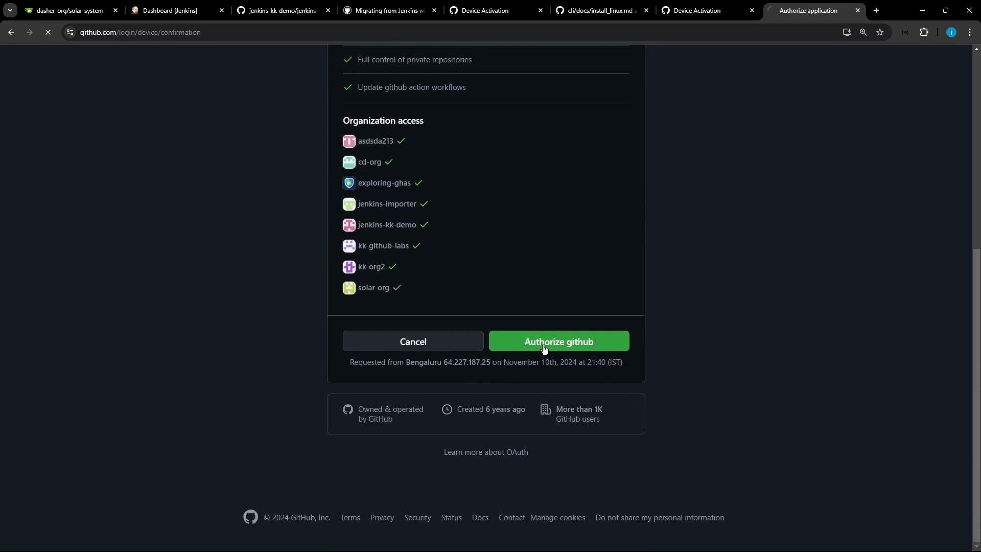 A GitHub OAuth authorization page showing a list of organizations with checkmarks for requested access and buttons to "Cancel" or "Authorize github." Several org icons and names are visible in the middle of the dark-themed screen.