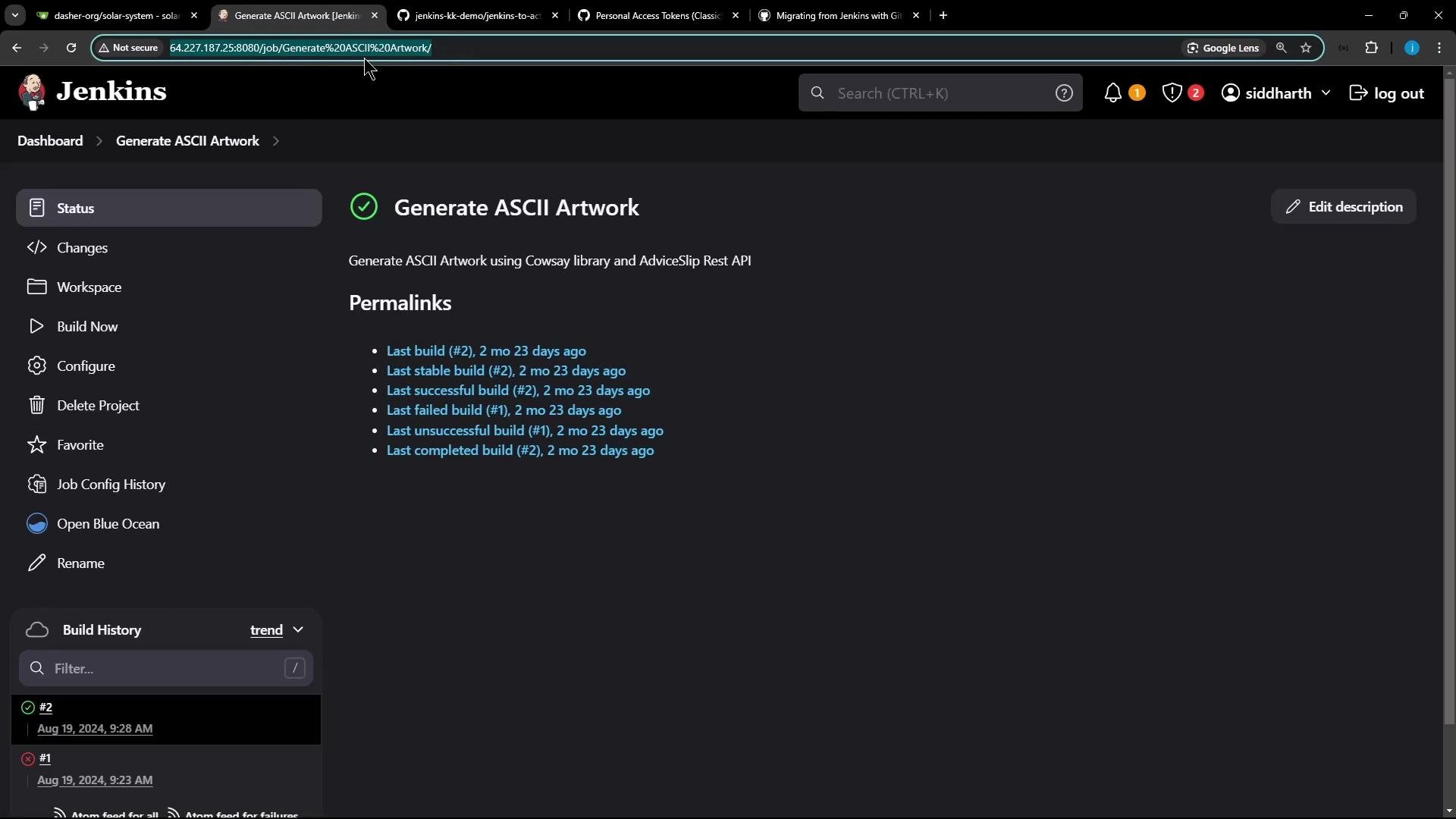 A screenshot of the Jenkins web interface showing a job page titled "Generate ASCII Artwork" with permalinks, job details, and a left-side menu (Status, Build Now, Configure, etc.). The page uses a dark theme and displays recent build history.