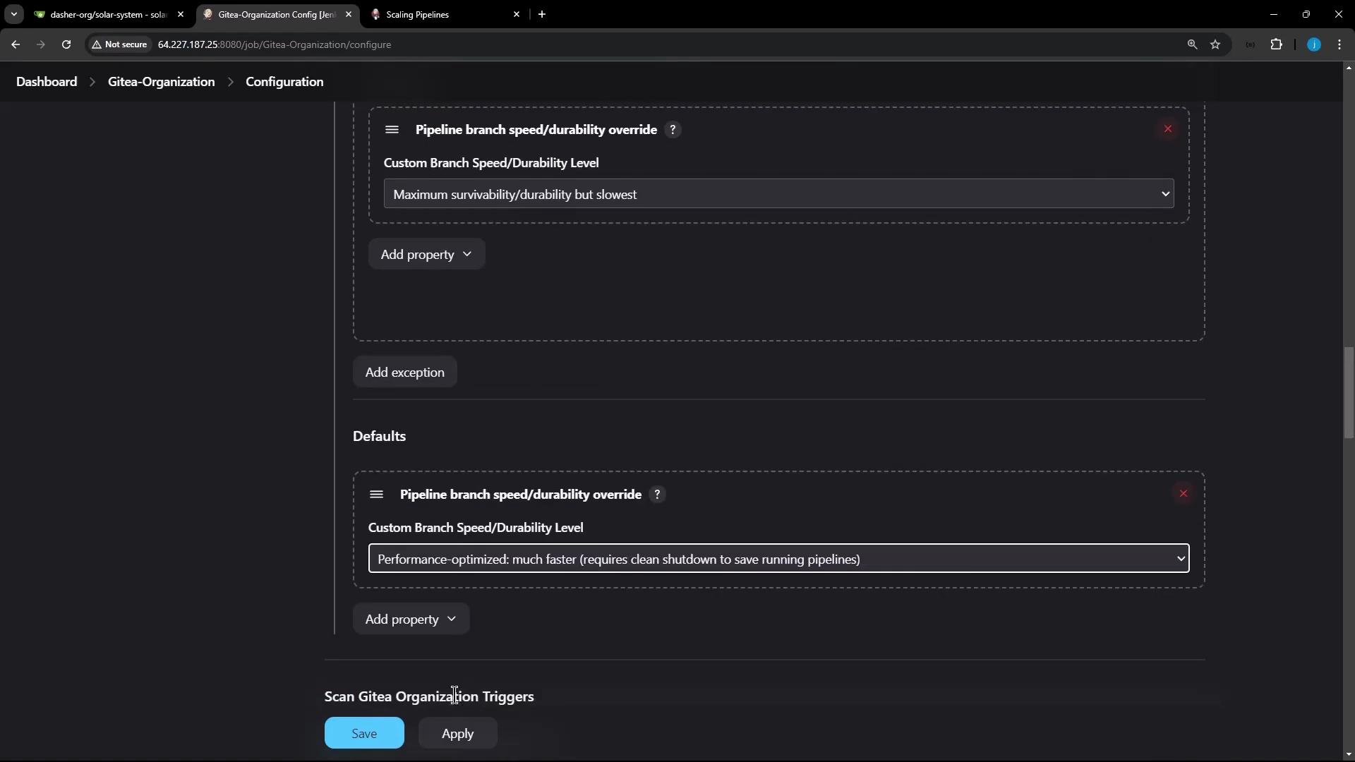 A dark-themed web UI showing a "Gitea-Organization › Configuration" page with pipeline branch speed/durability override settings and dropdowns. At the bottom are "Save" and "Apply" buttons.